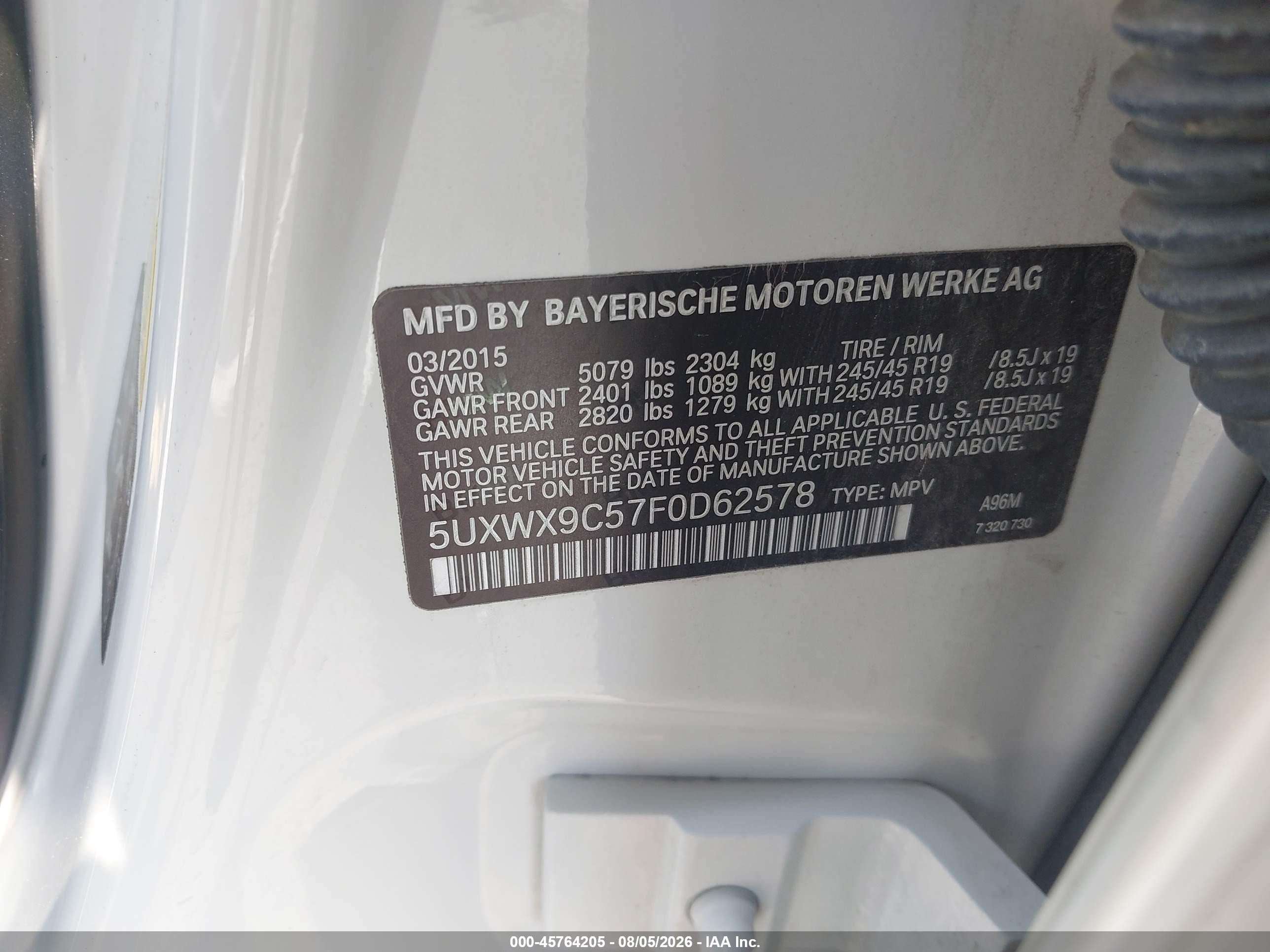2015 Bmw X3 Xdrive28i White vin: 5UXWX9C57F0D62578