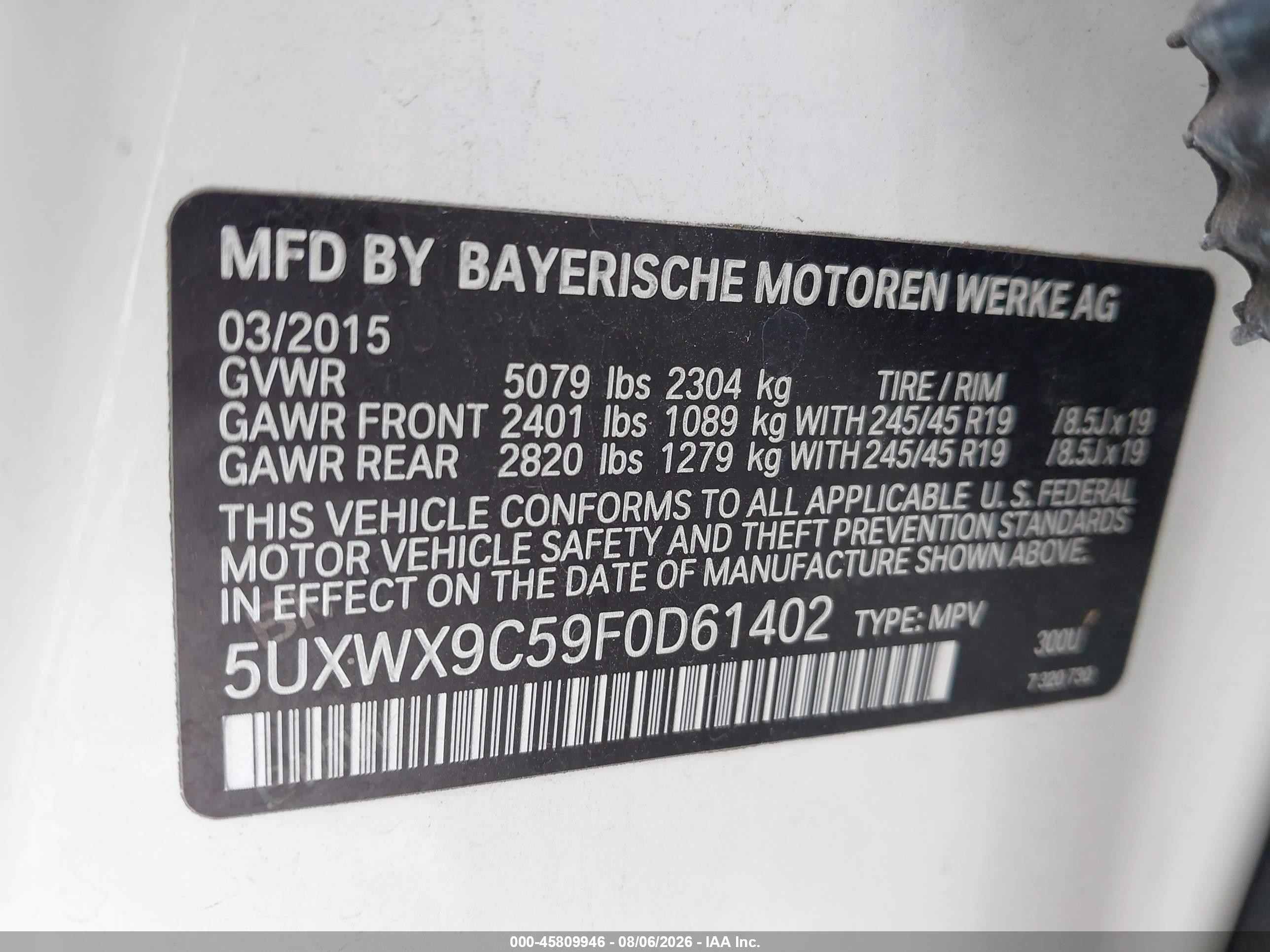 2015 Bmw X3 Xdrive28i White vin: 5UXWX9C59F0D61402