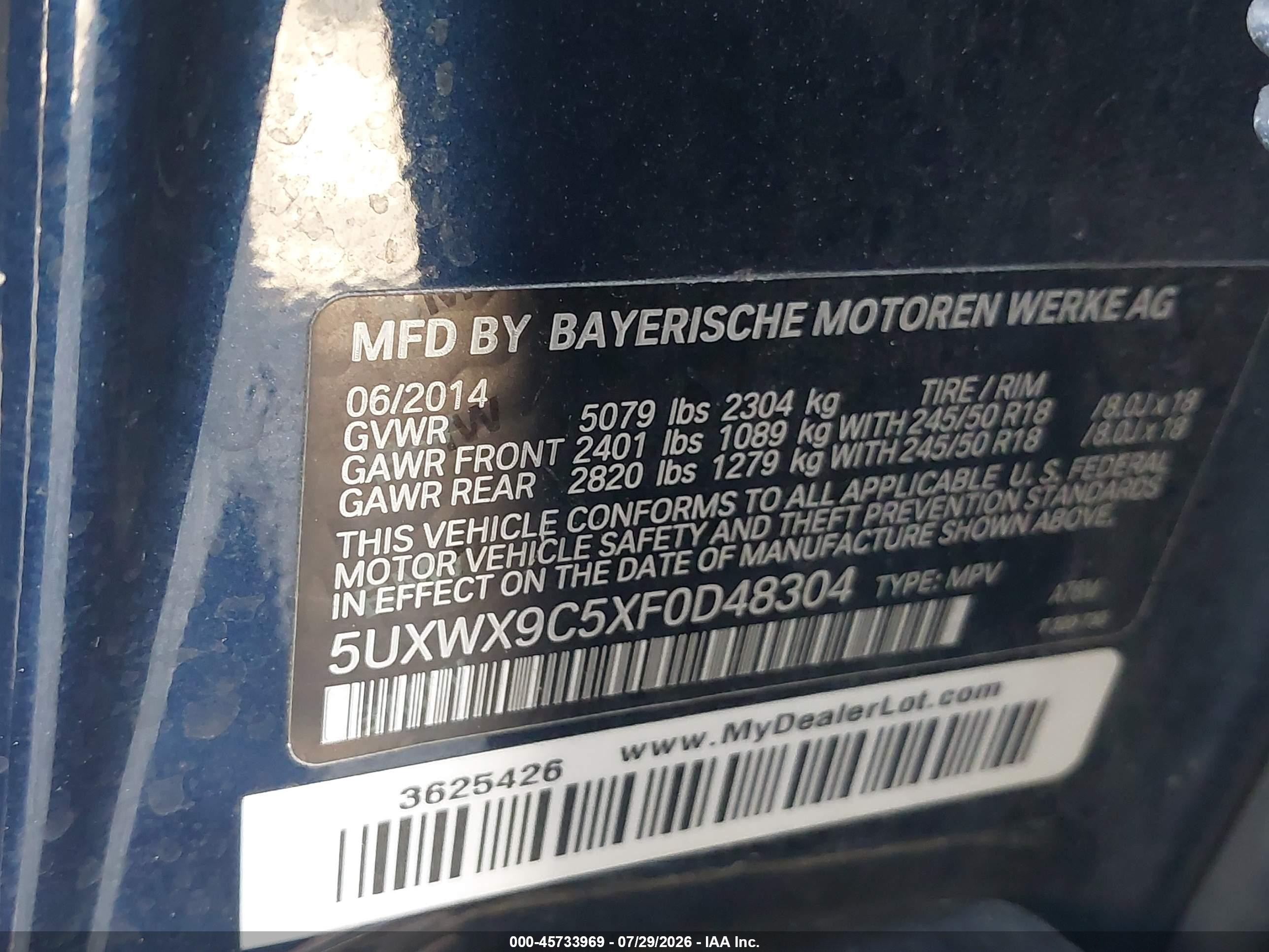 2015 Bmw X3 Xdrive28i Blue vin: 5UXWX9C5XF0D48304