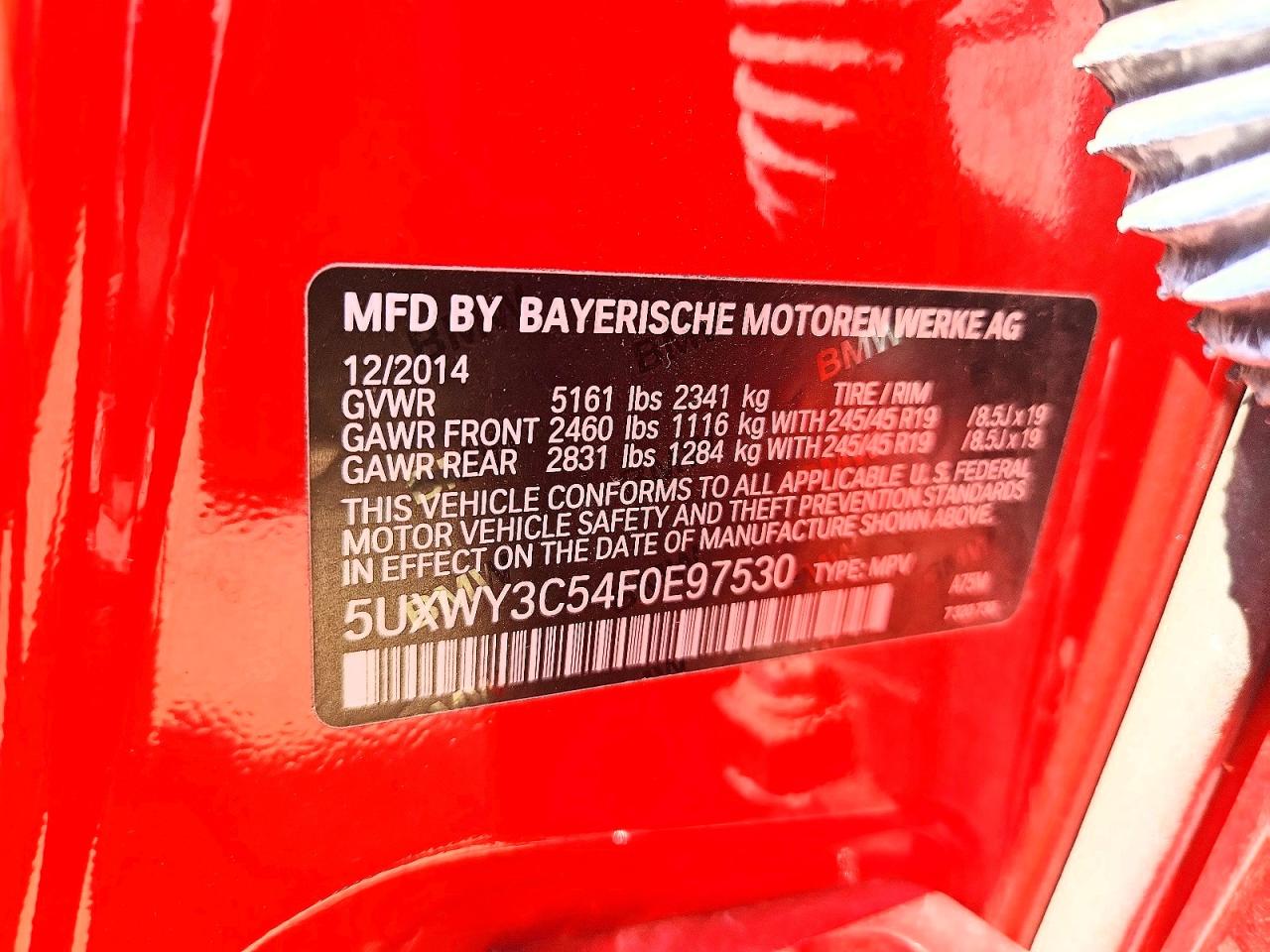 2015 Bmw X3 Xdrive28d Red vin: 5UXWY3C54F0E97530