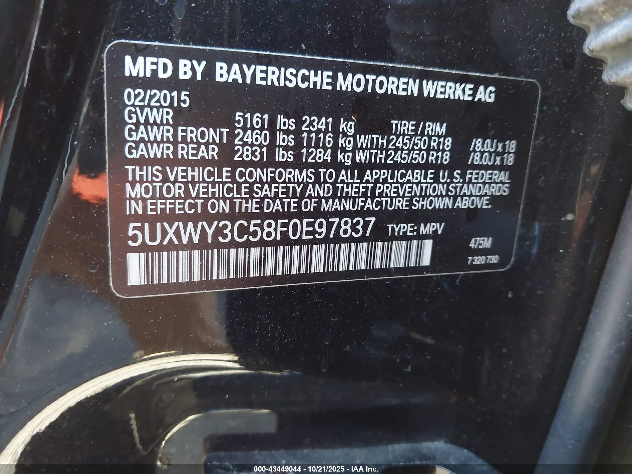 2015 Bmw X3 Xdrive28d Black vin: 5UXWY3C58F0E97837