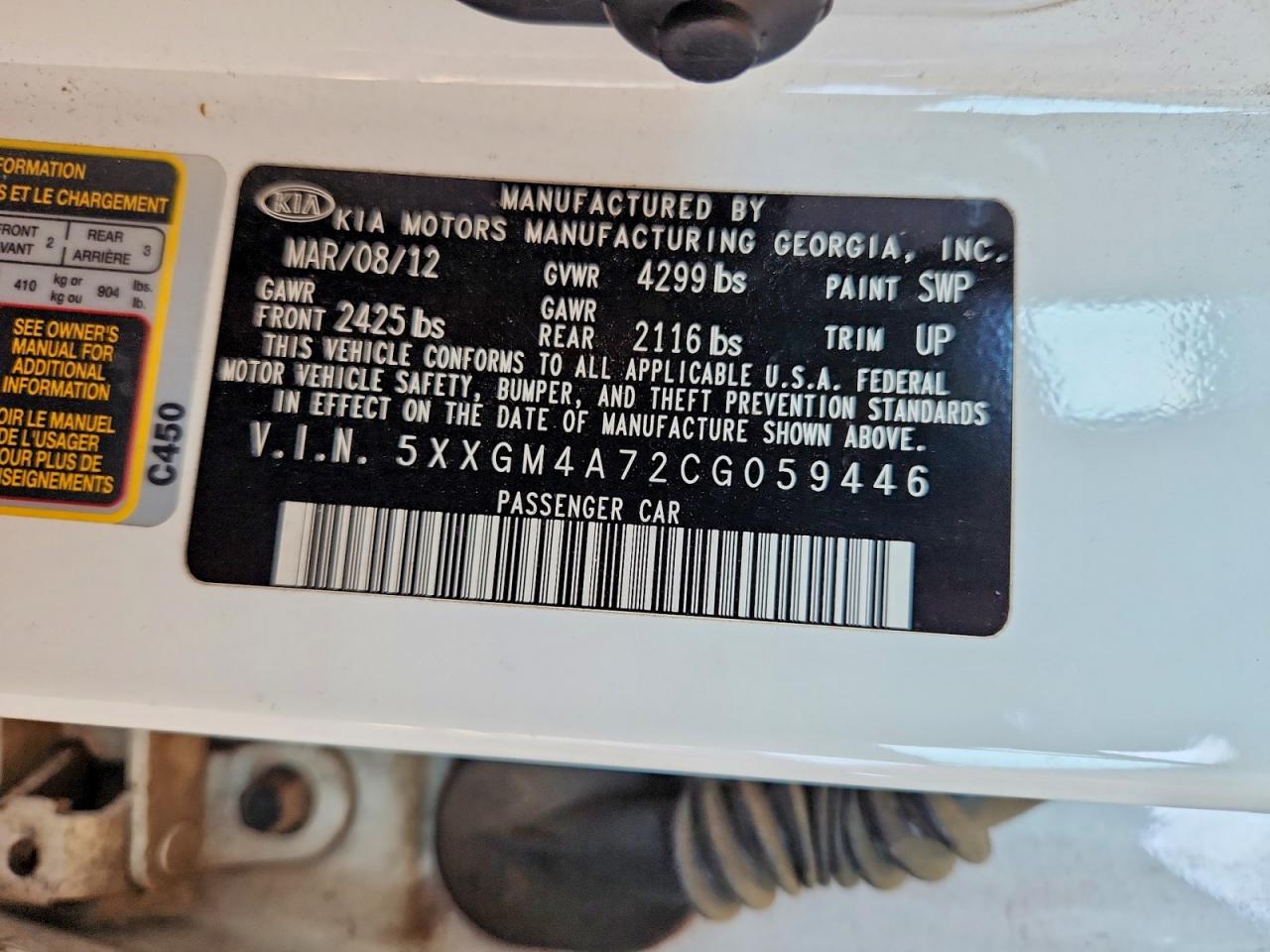 2012 Kia Optima Lx White vin: 5XXGM4A72CG059446