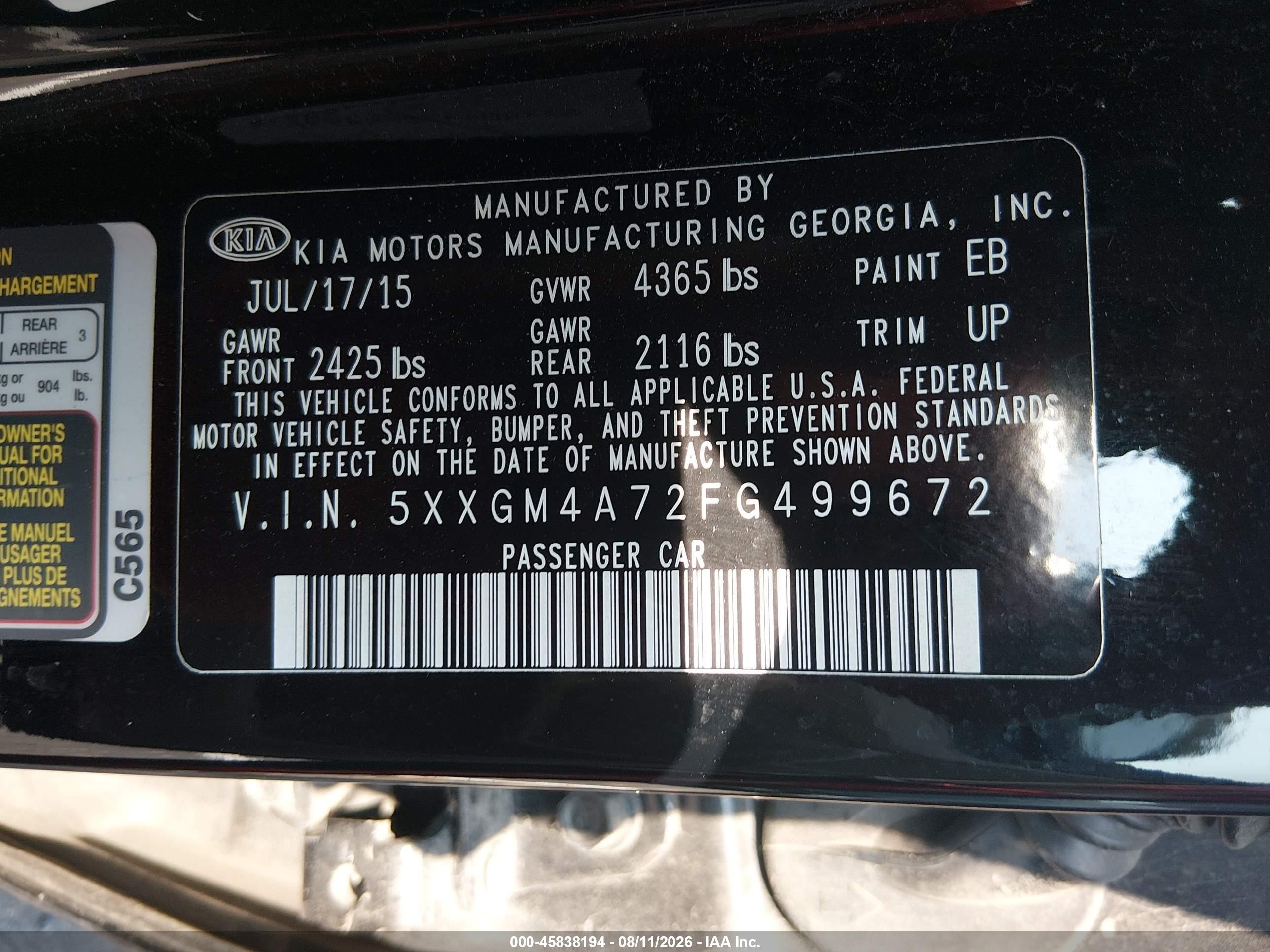 2015 Kia Optima Lx Black vin: 5XXGM4A72FG499672