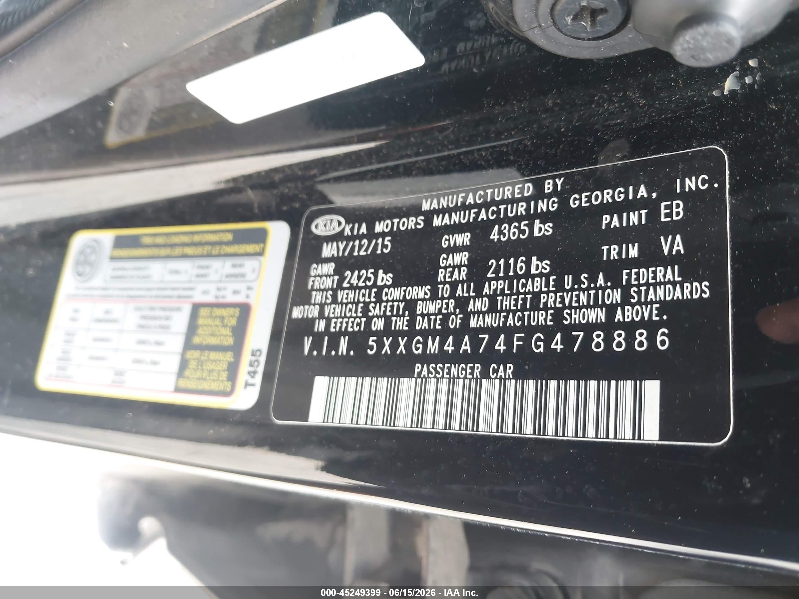 2015 Kia Optima Lx Black vin: 5XXGM4A74FG478886