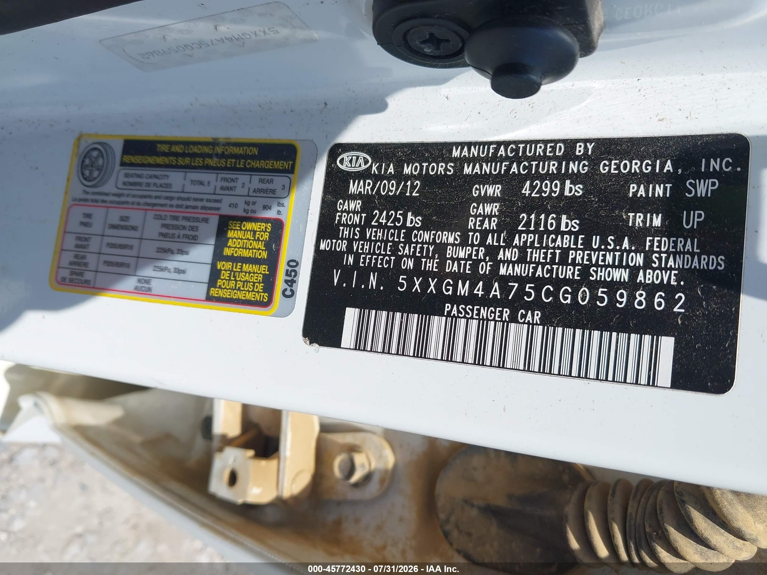 2012 Kia Optima Lx White vin: 5XXGM4A75CG059862