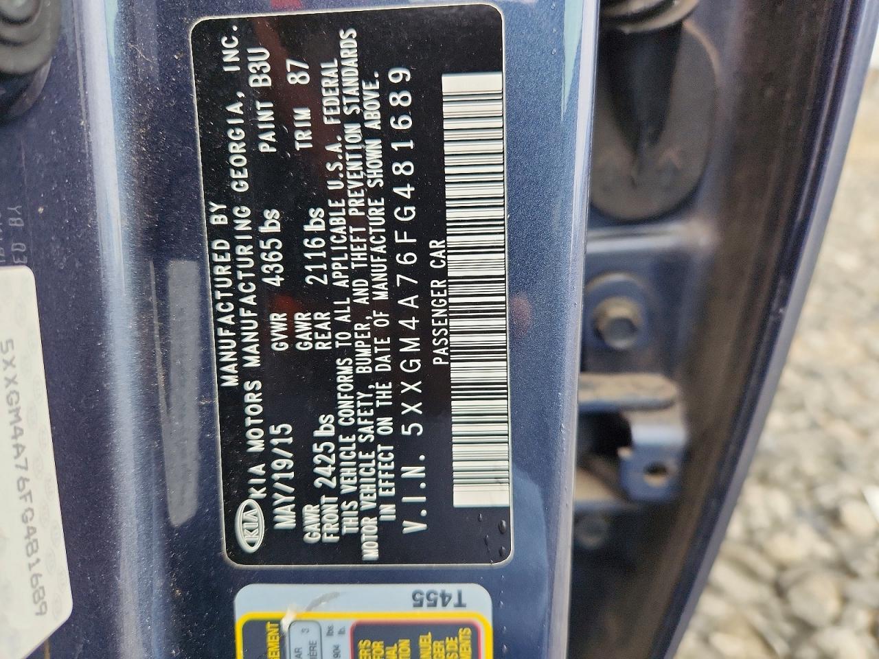 2015 Kia Optima Lx Blue vin: 5XXGM4A76FG481689