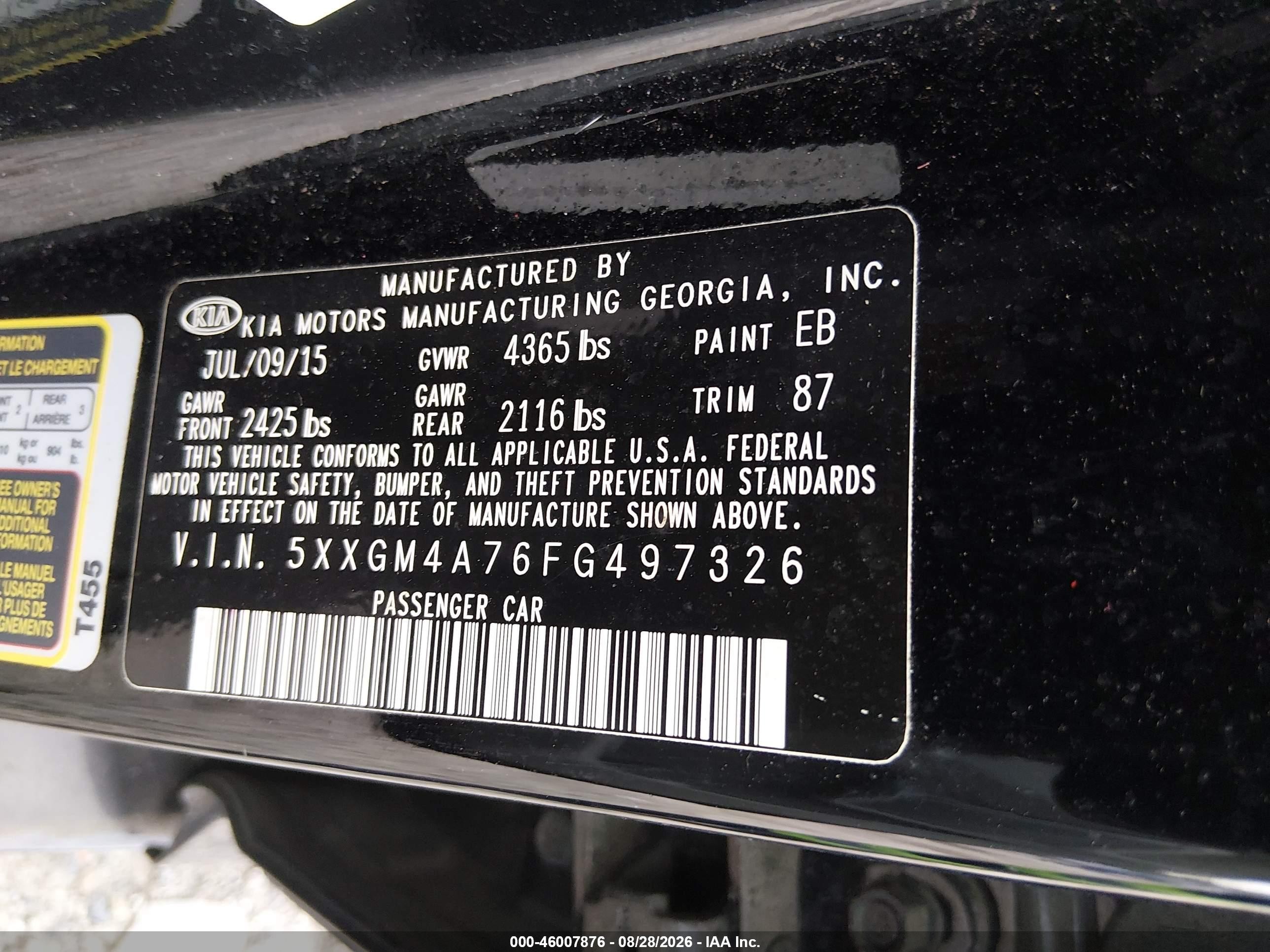 2015 Kia Optima Lx Black vin: 5XXGM4A76FG497326
