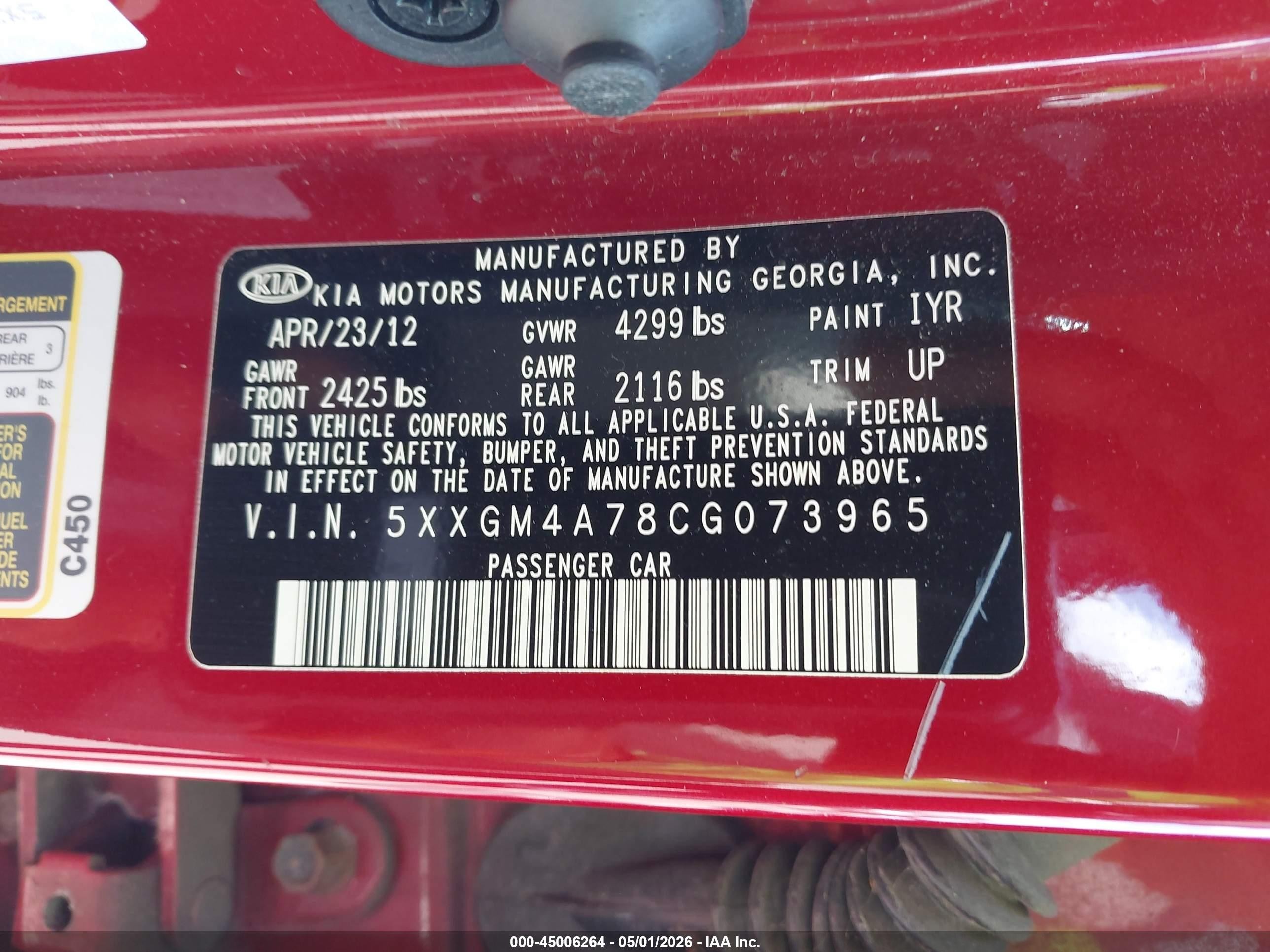 2012 Kia Optima Lx Red vin: 5XXGM4A78CG073965
