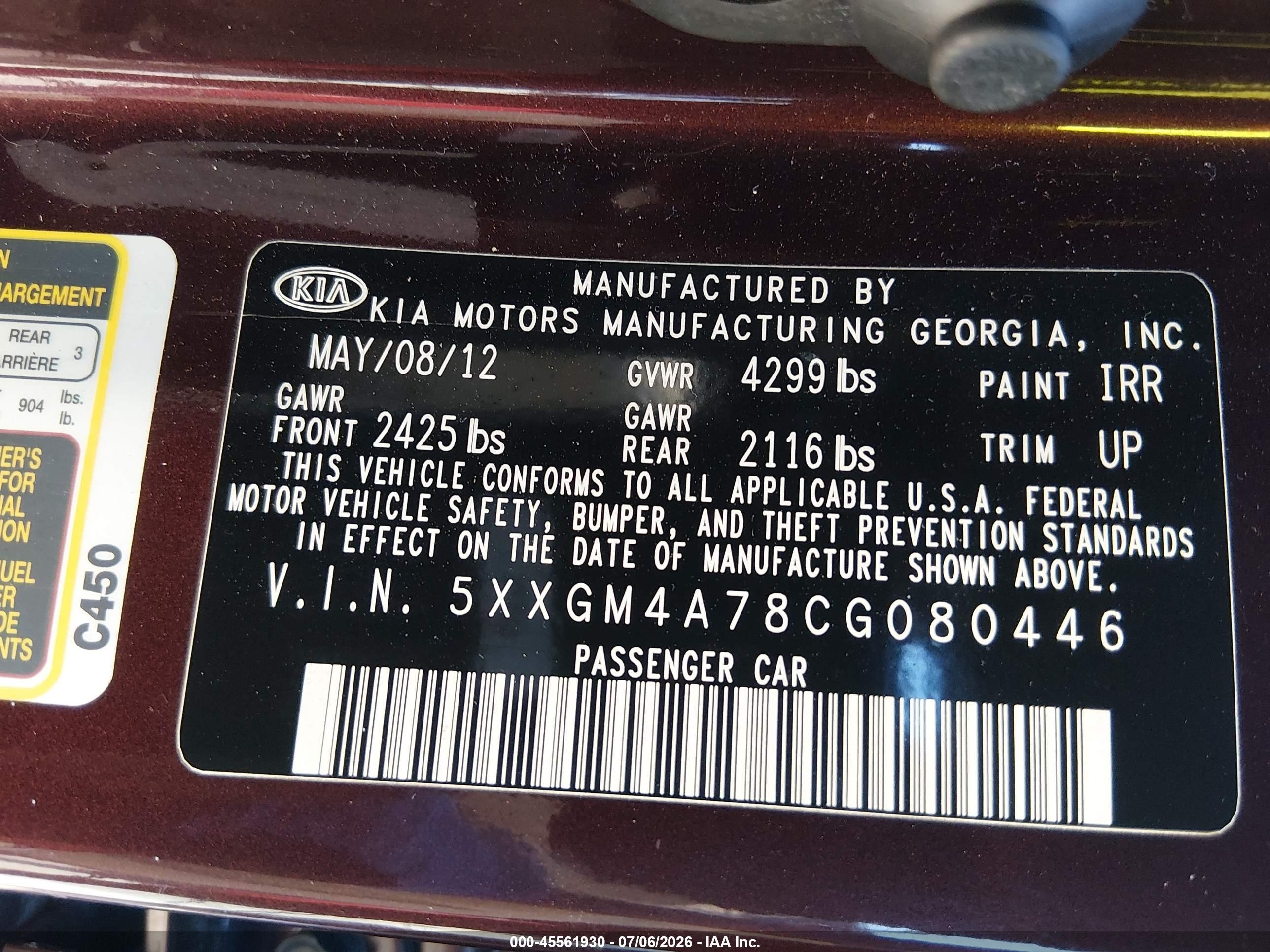 2012 Kia Optima Lx Burgundy vin: 5XXGM4A78CG080446