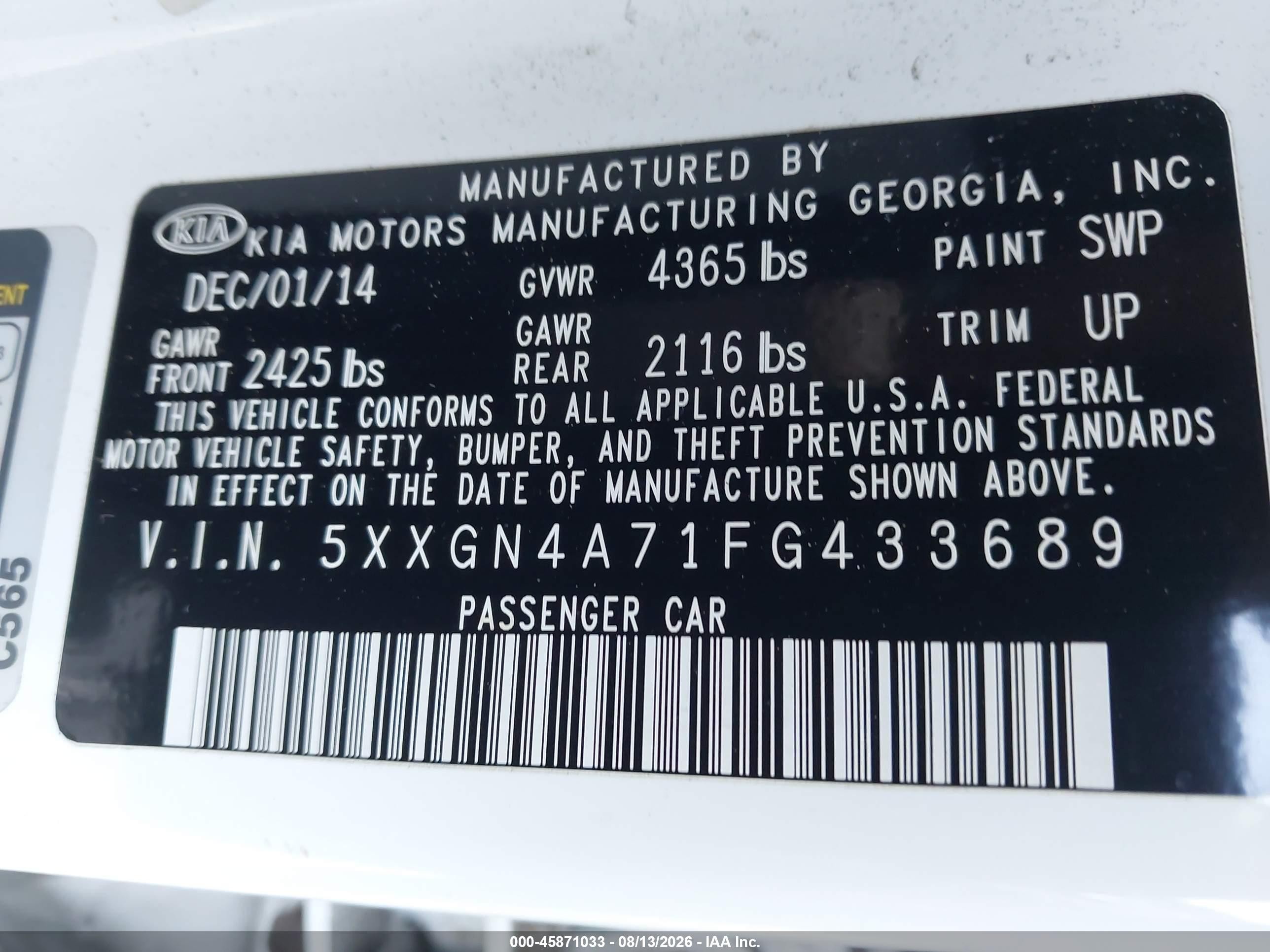 2015 Kia Optima Ex White vin: 5XXGN4A71FG433689