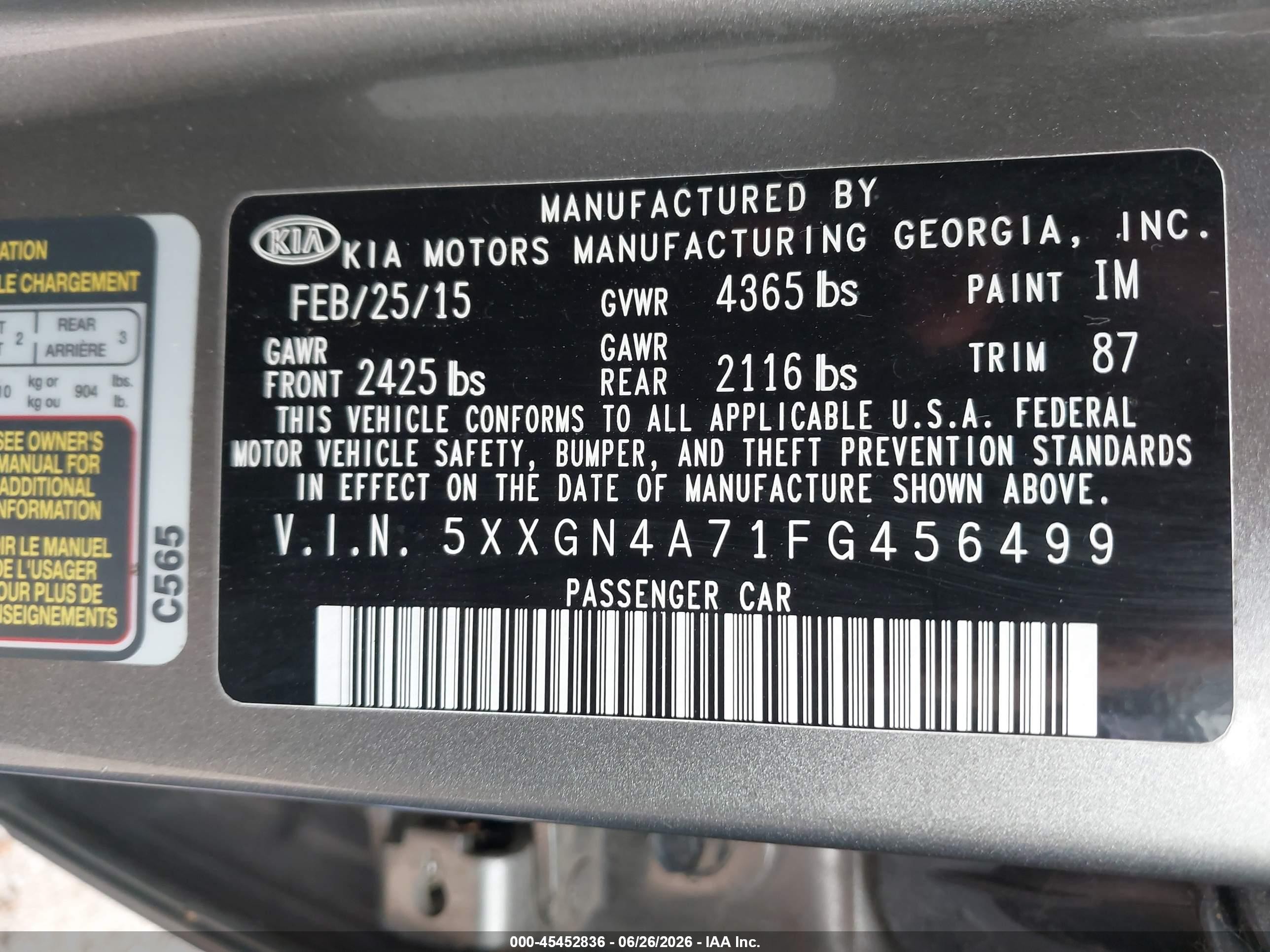 2015 Kia Optima Ex Gray vin: 5XXGN4A71FG456499