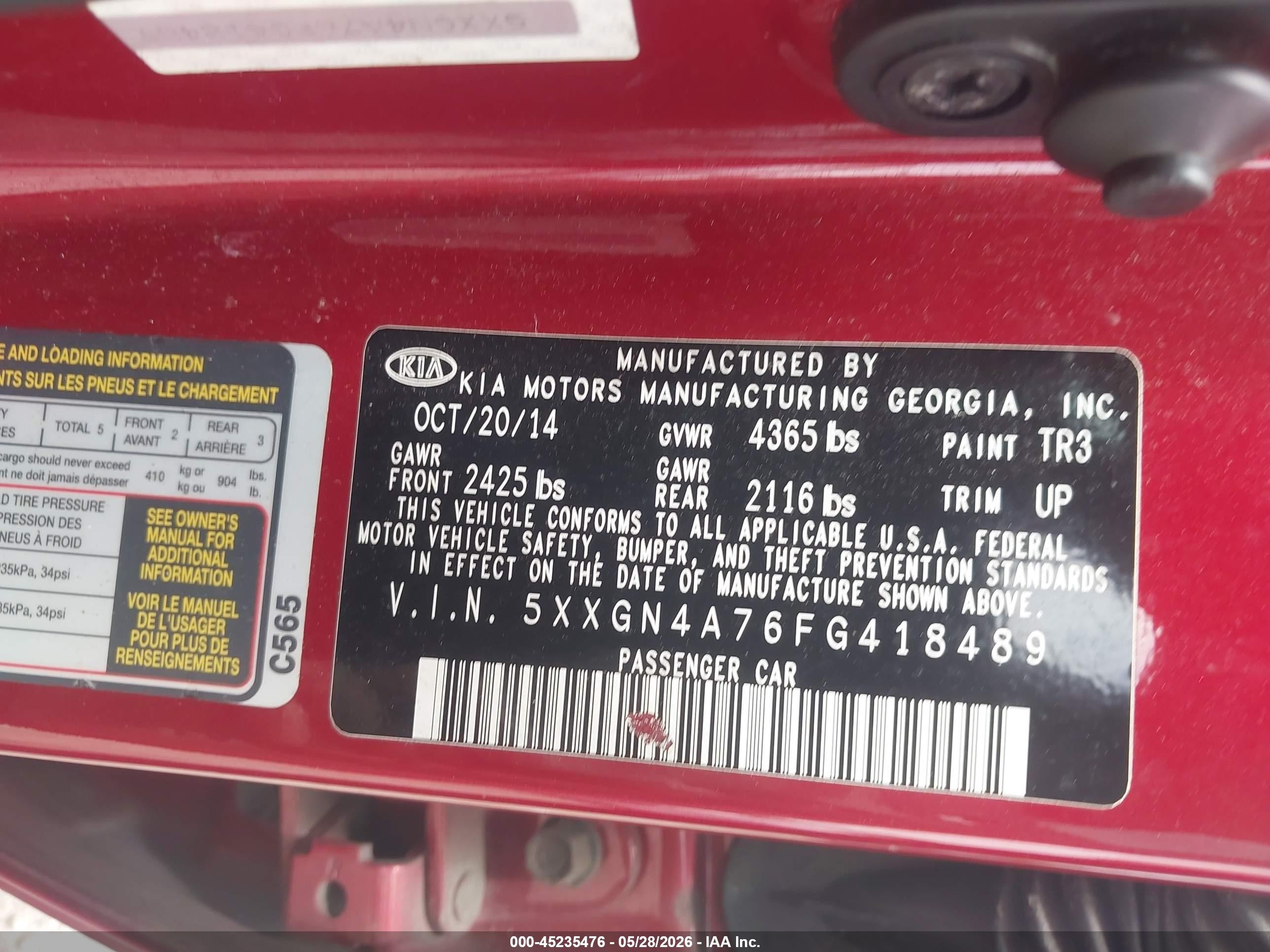 2015 Kia Optima Ex Red vin: 5XXGN4A76FG418489