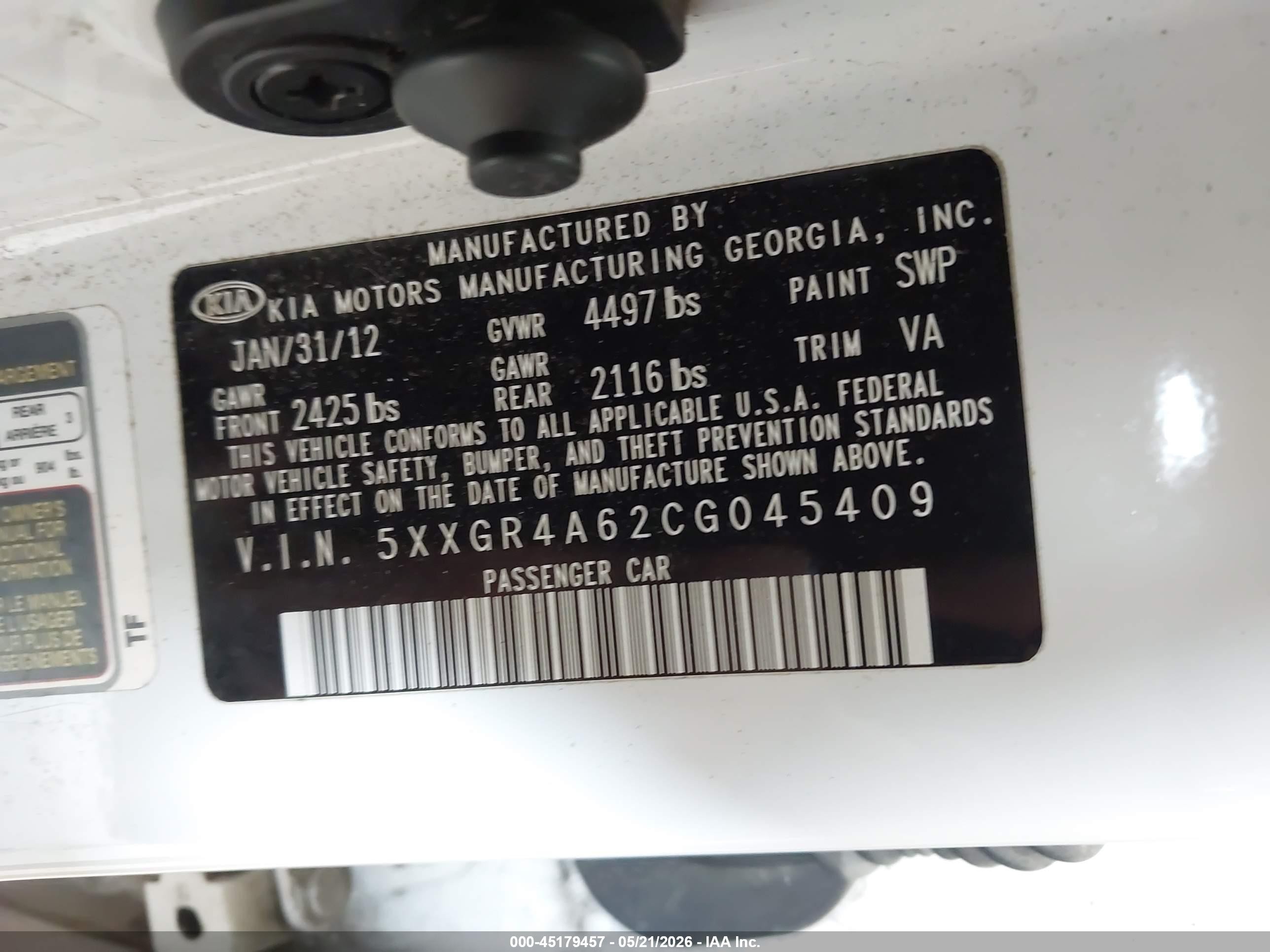 2012 Kia Optima Sx White vin: 5XXGR4A62CG045409