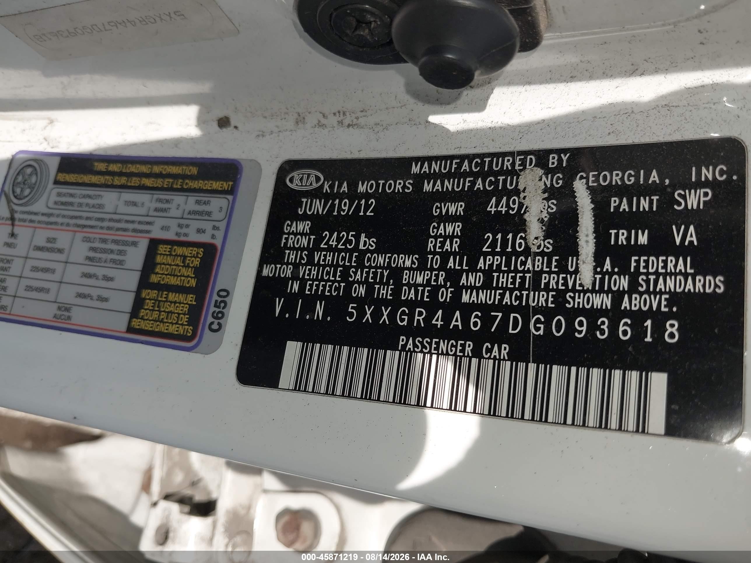 2013 Kia Optima Sx White vin: 5XXGR4A67DG093618