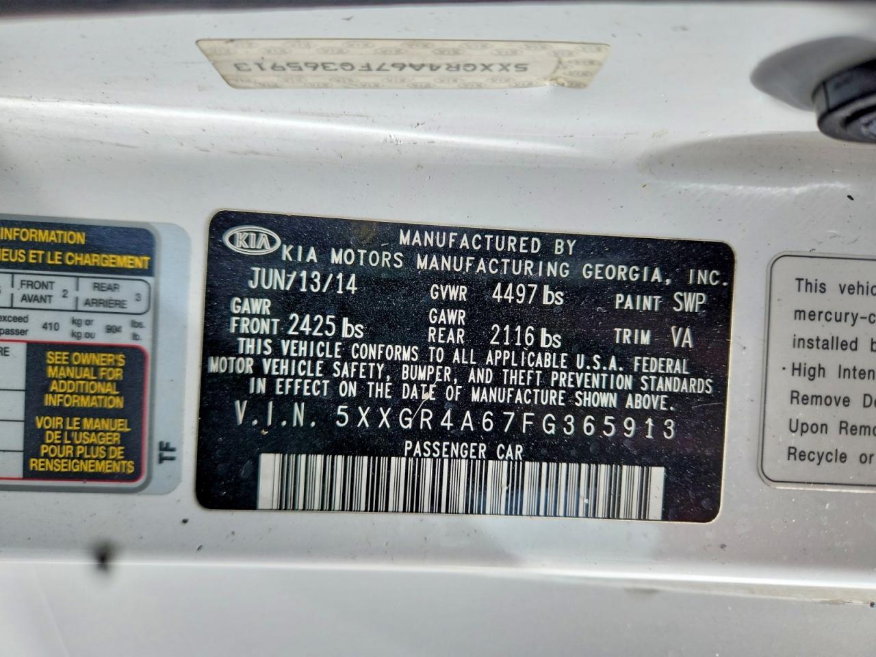 2015 Kia Optima Sx White vin: 5XXGR4A67FG365913