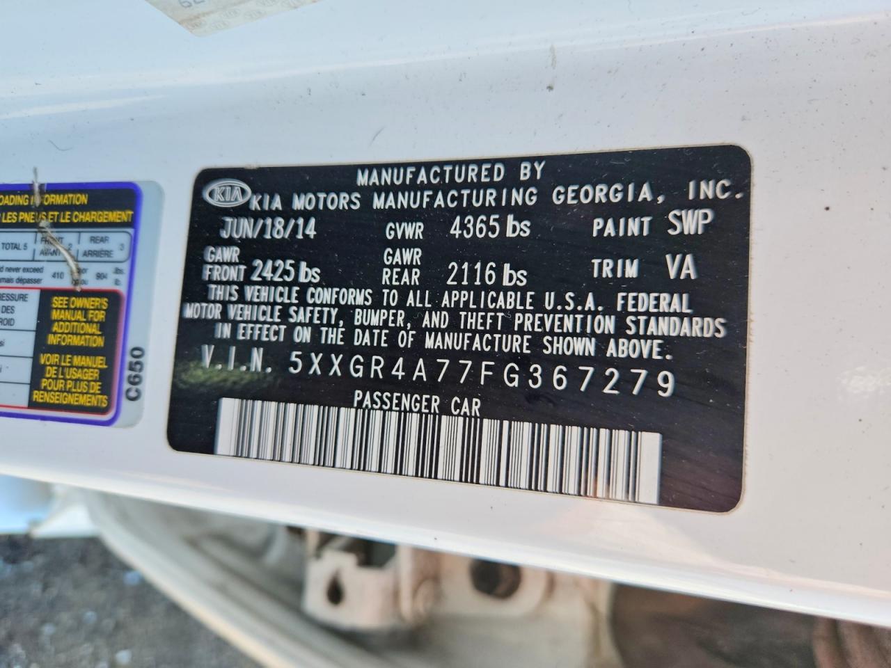 2015 Kia Optima Sx White vin: 5XXGR4A77FG367279