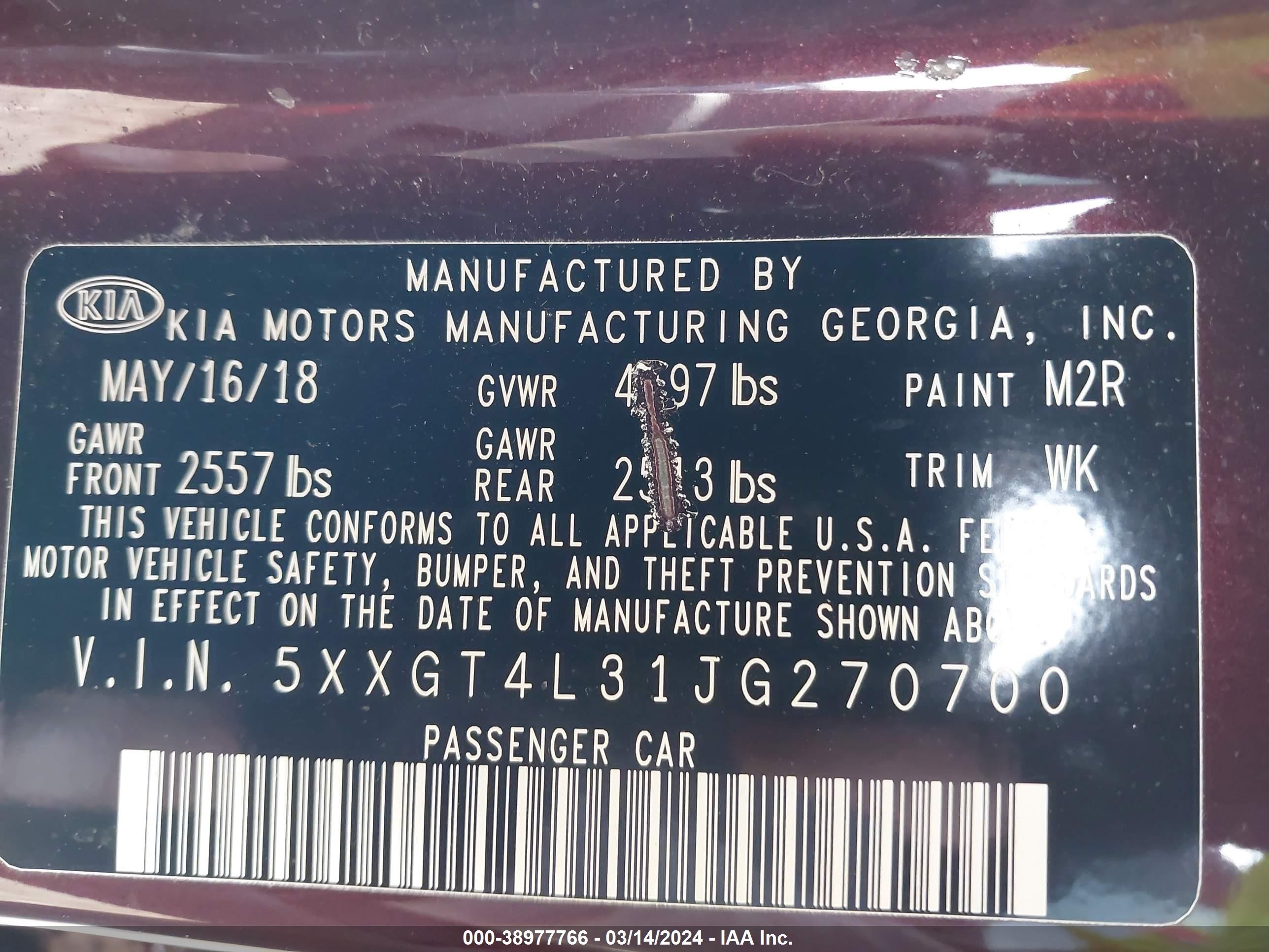 2018 Kia Optima Lx Burgundy vin: 5XXGT4L31JG270700