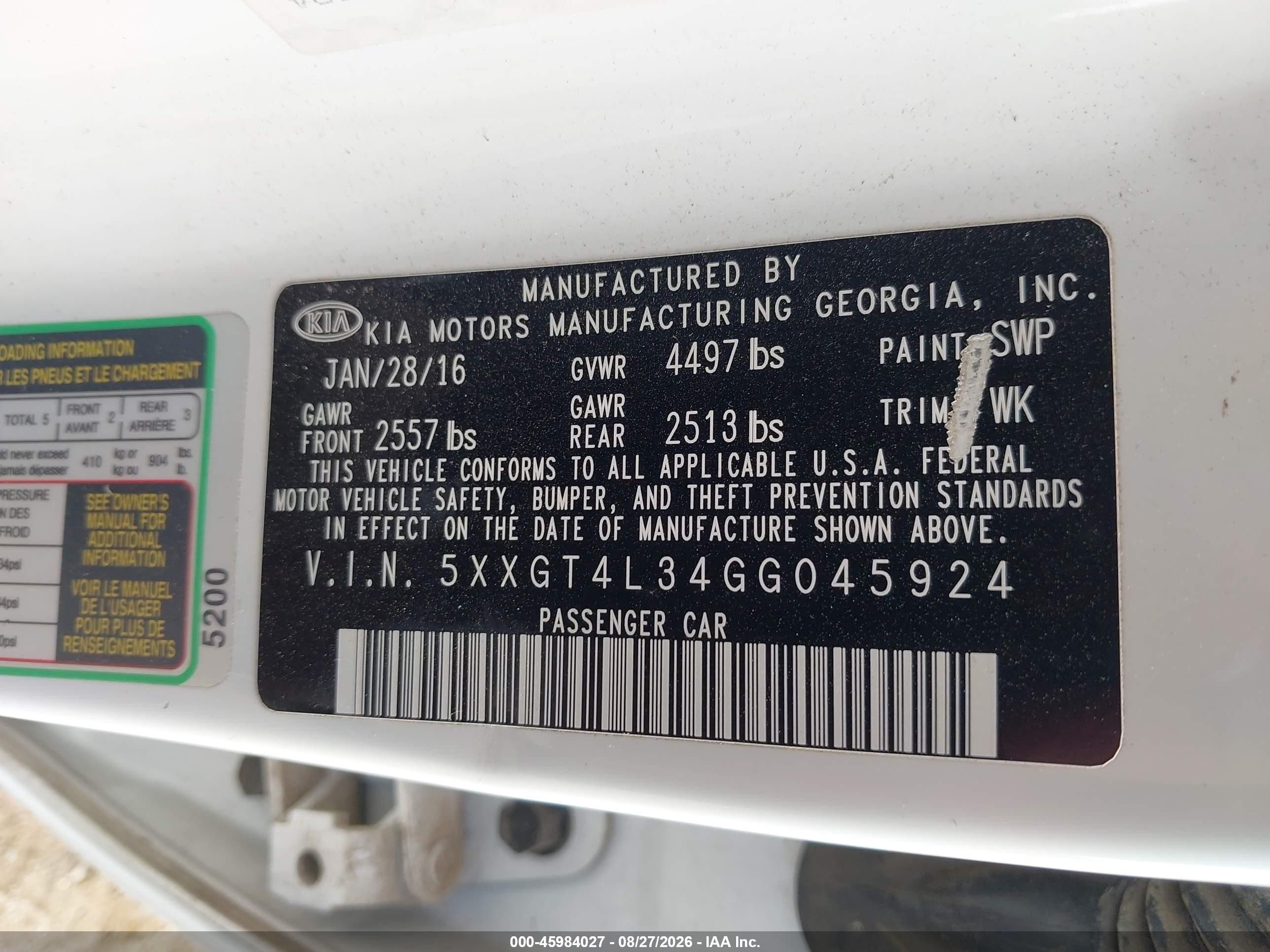 2016 Kia Optima Lx White vin: 5XXGT4L34GG045924
