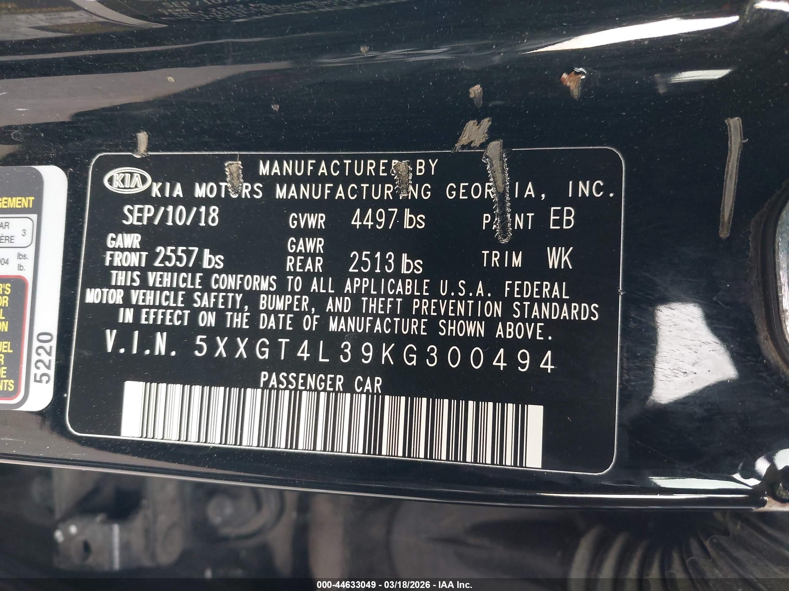 2019 Kia Optima Lx Black vin: 5XXGT4L39KG300494