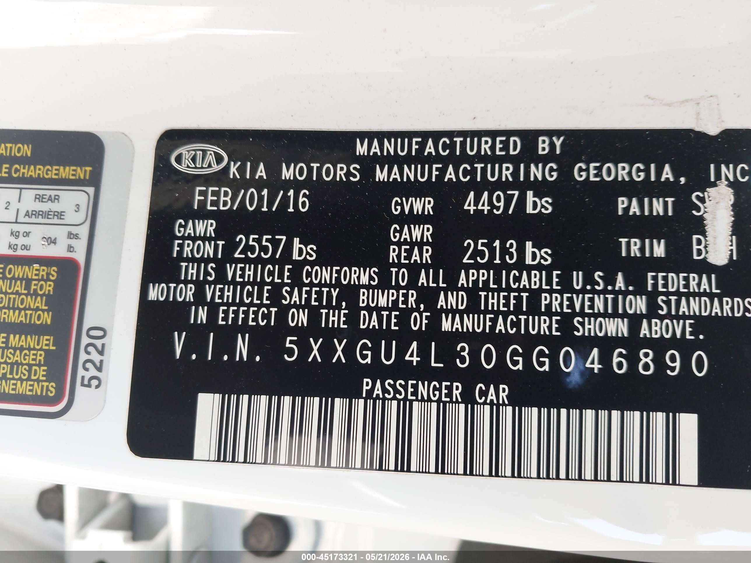 2016 Kia Optima Ex White vin: 5XXGU4L30GG046890