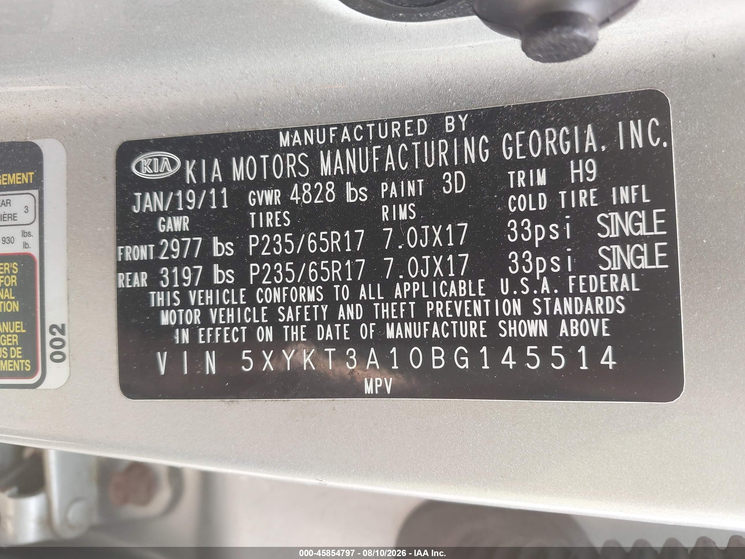 2011 Kia Sorento   Gray vin: 5XYKT3A10BG145514
