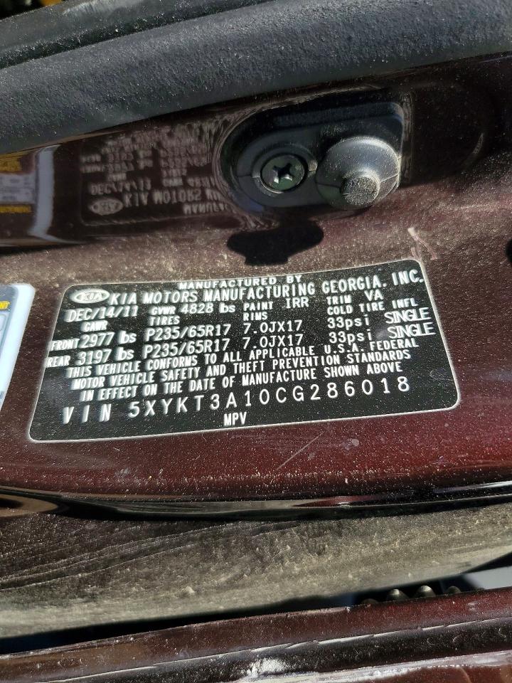 2012 Kia Sorento Lx Burgundy vin: 5XYKT3A10CG286018
