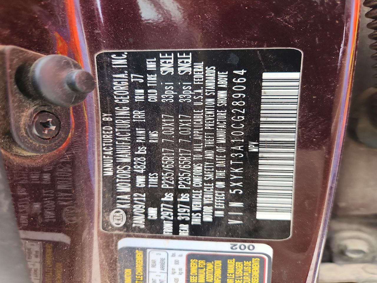2012 Kia Sorento Lx Burgundy vin: 5XYKT3A10CG289064
