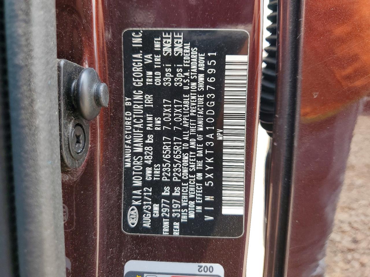2013 Kia Sorento Lx Burgundy vin: 5XYKT3A10DG376951