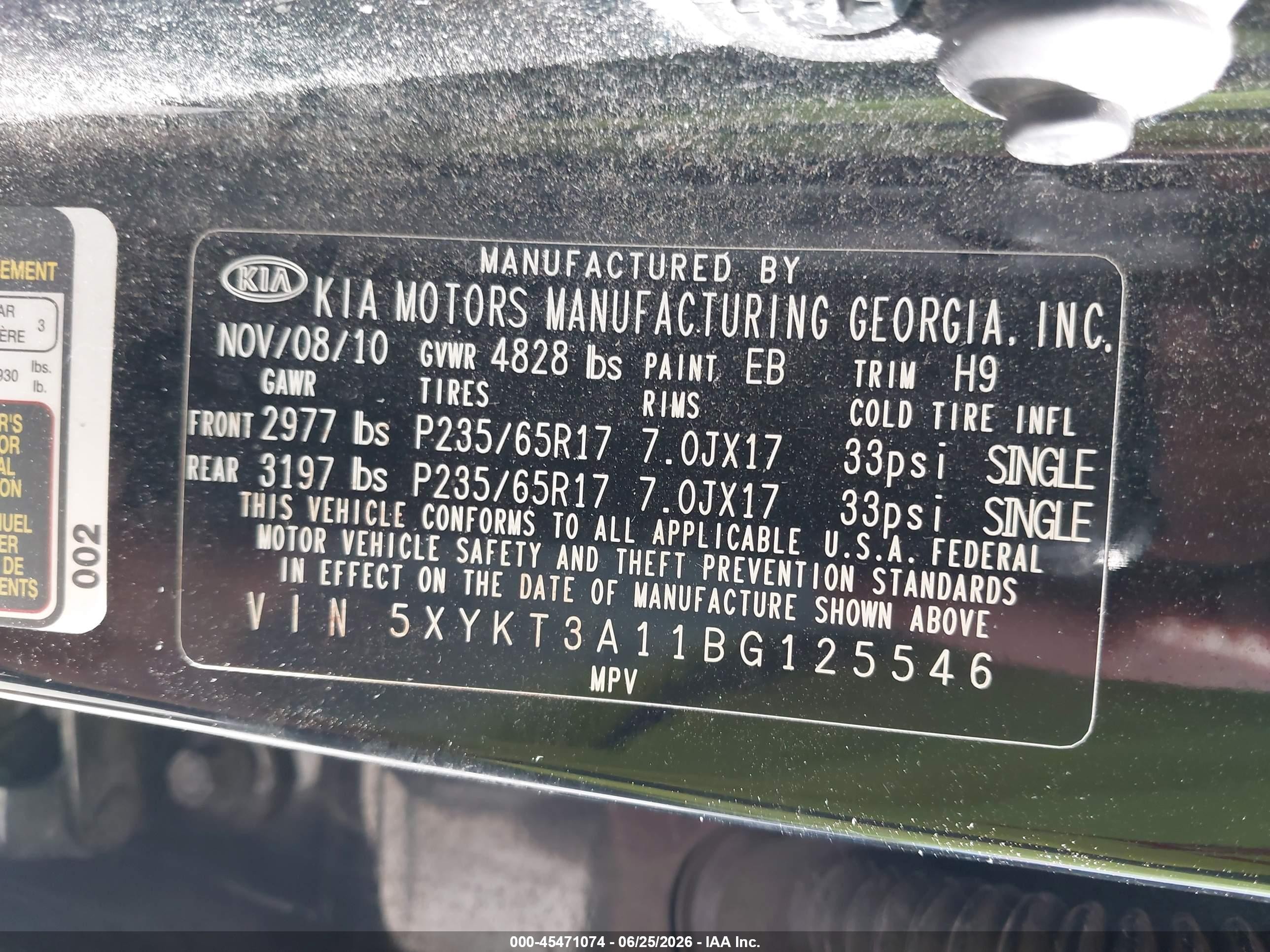 2011 Kia Sorento Lx Black vin: 5XYKT3A11BG125546