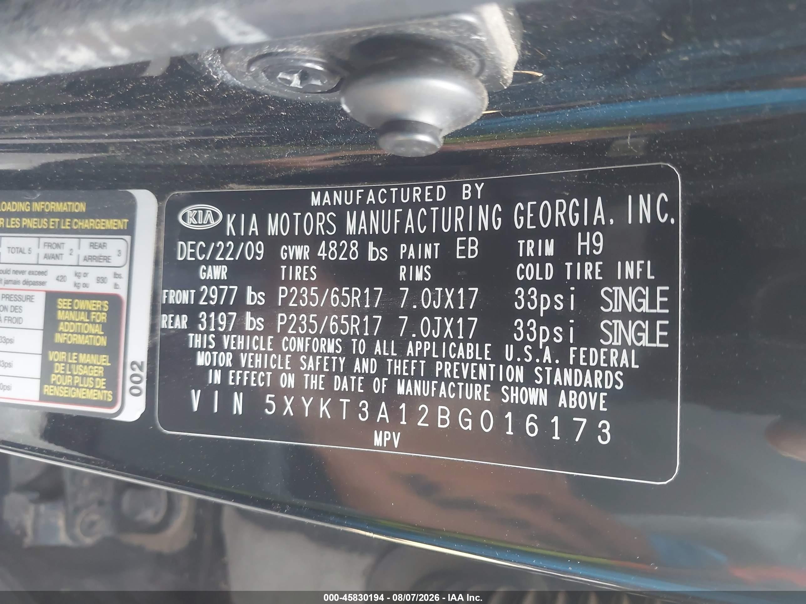 2011 Kia Sorento Lx Black vin: 5XYKT3A12BG016173