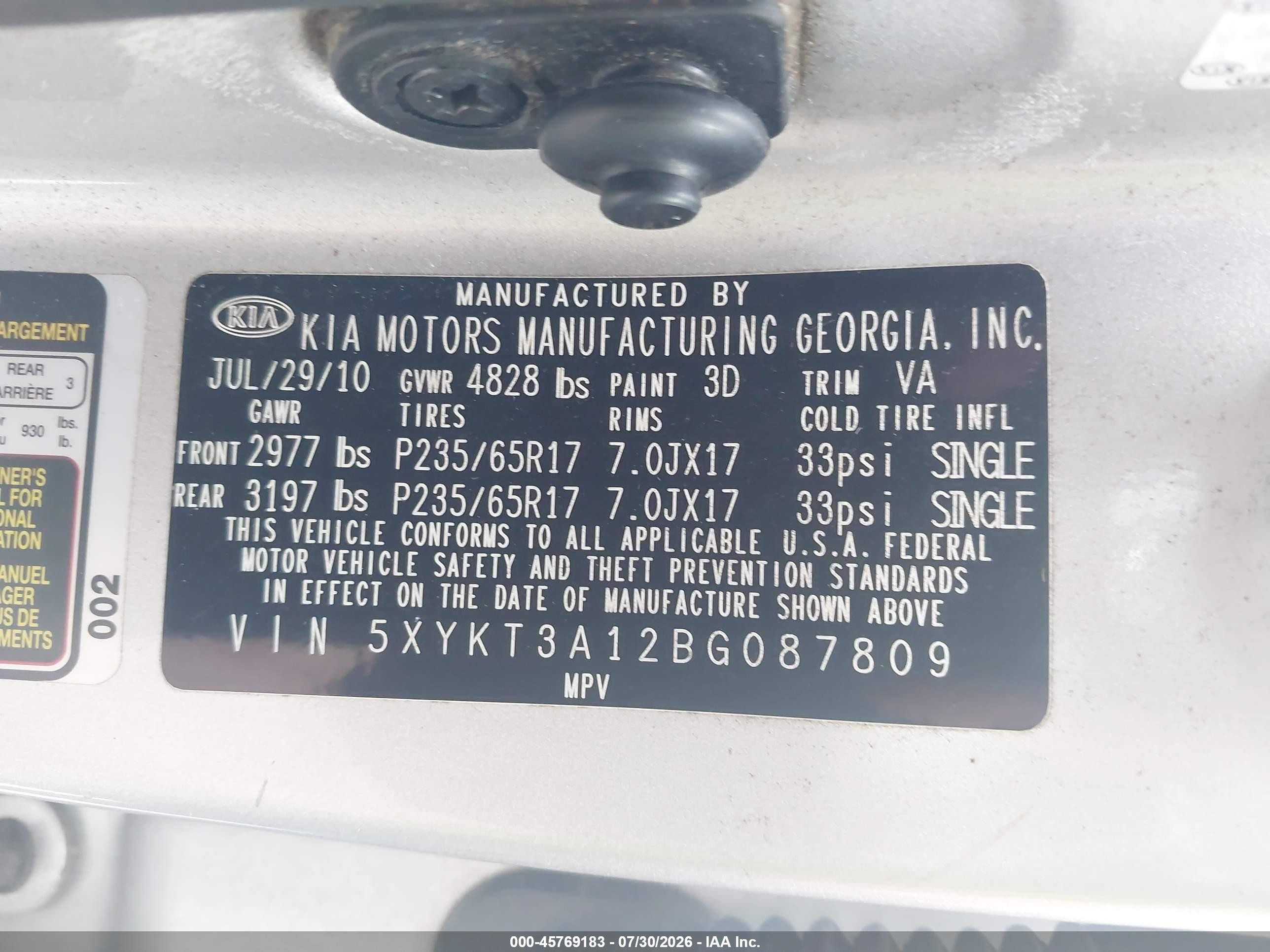 2011 Kia Sorento Lx Silver vin: 5XYKT3A12BG087809