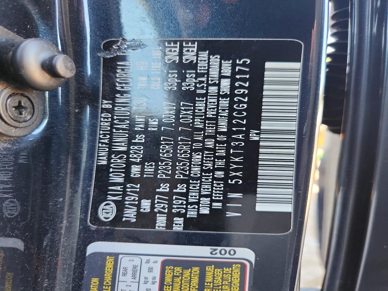 2012 Kia Sorento Lx Black vin: 5XYKT3A12CG292175