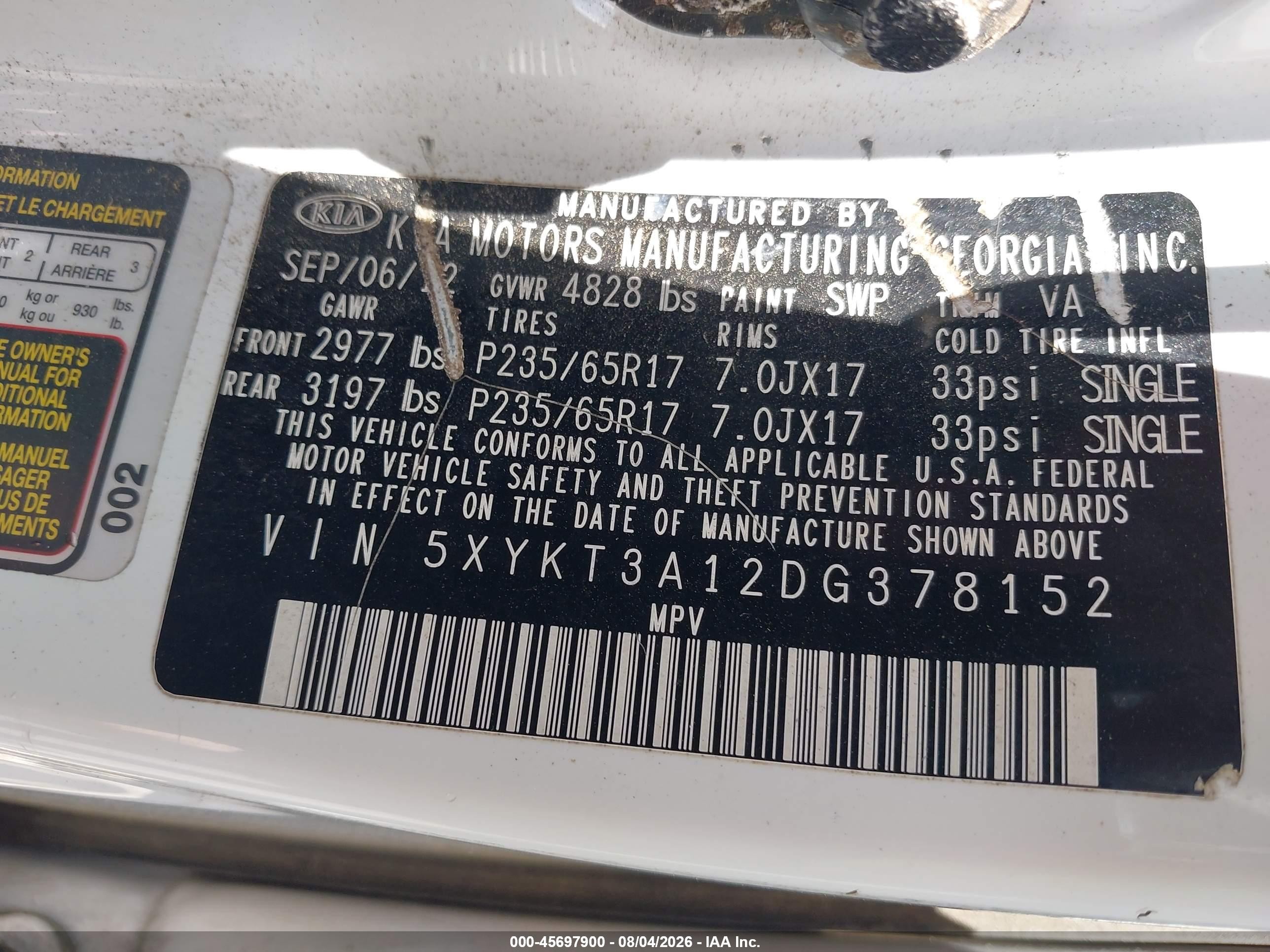 2013 Kia Sorento Lx White vin: 5XYKT3A12DG378152