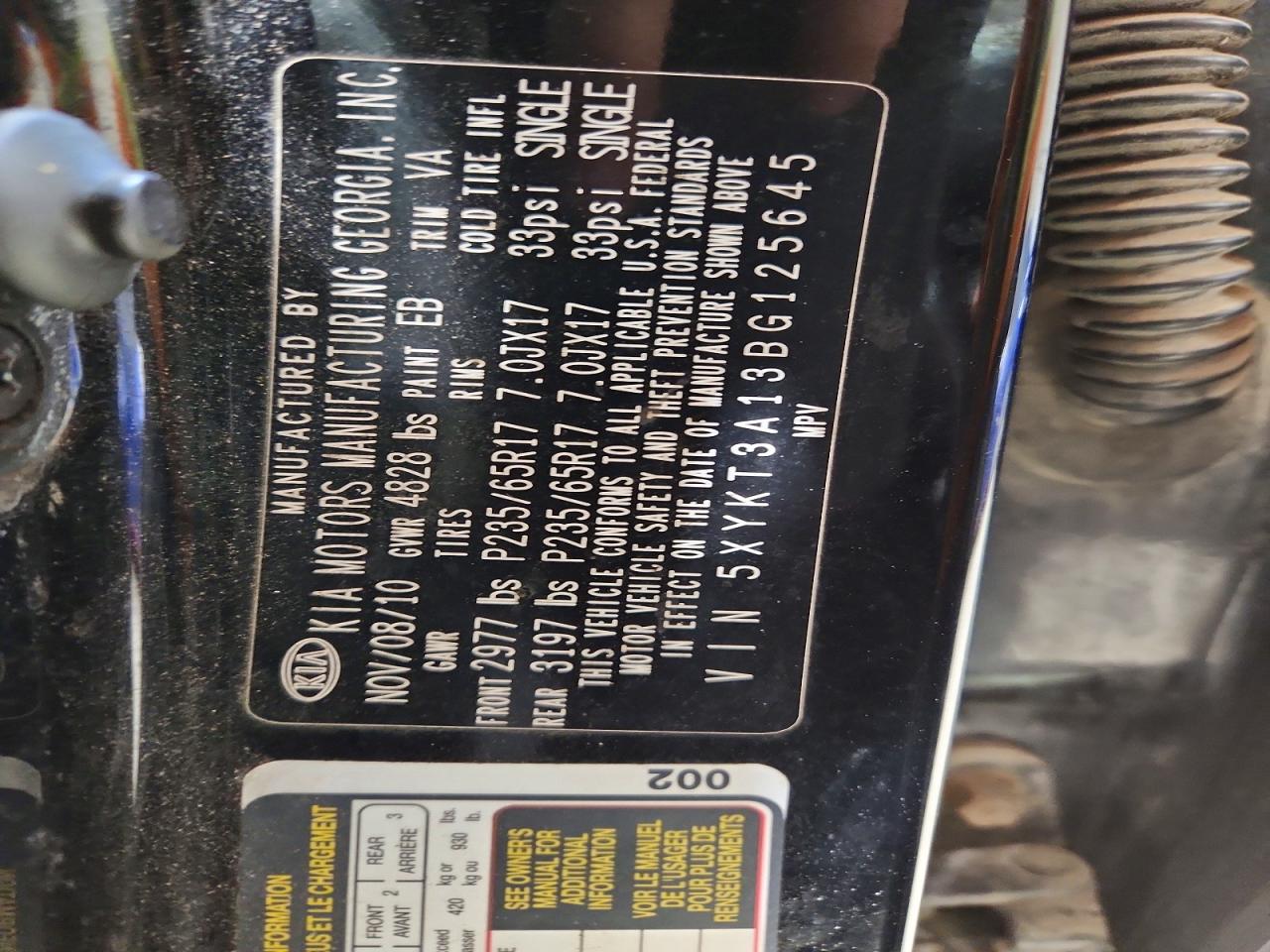 2011 Kia Sorento Lx Черный vin: 5XYKT3A13BG125645
