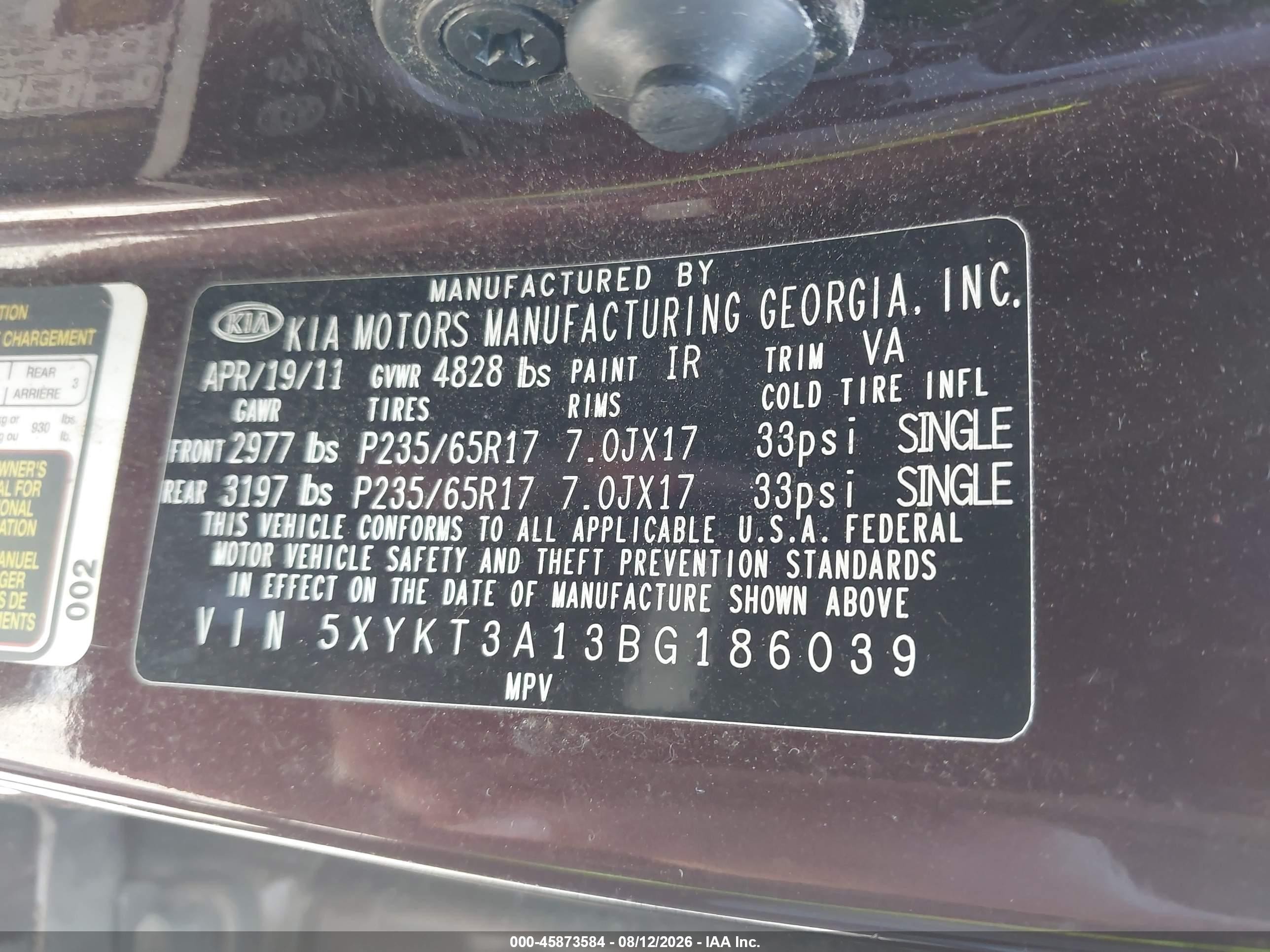 2011 Kia Sorento Lx Темно-бордовый vin: 5XYKT3A13BG186039