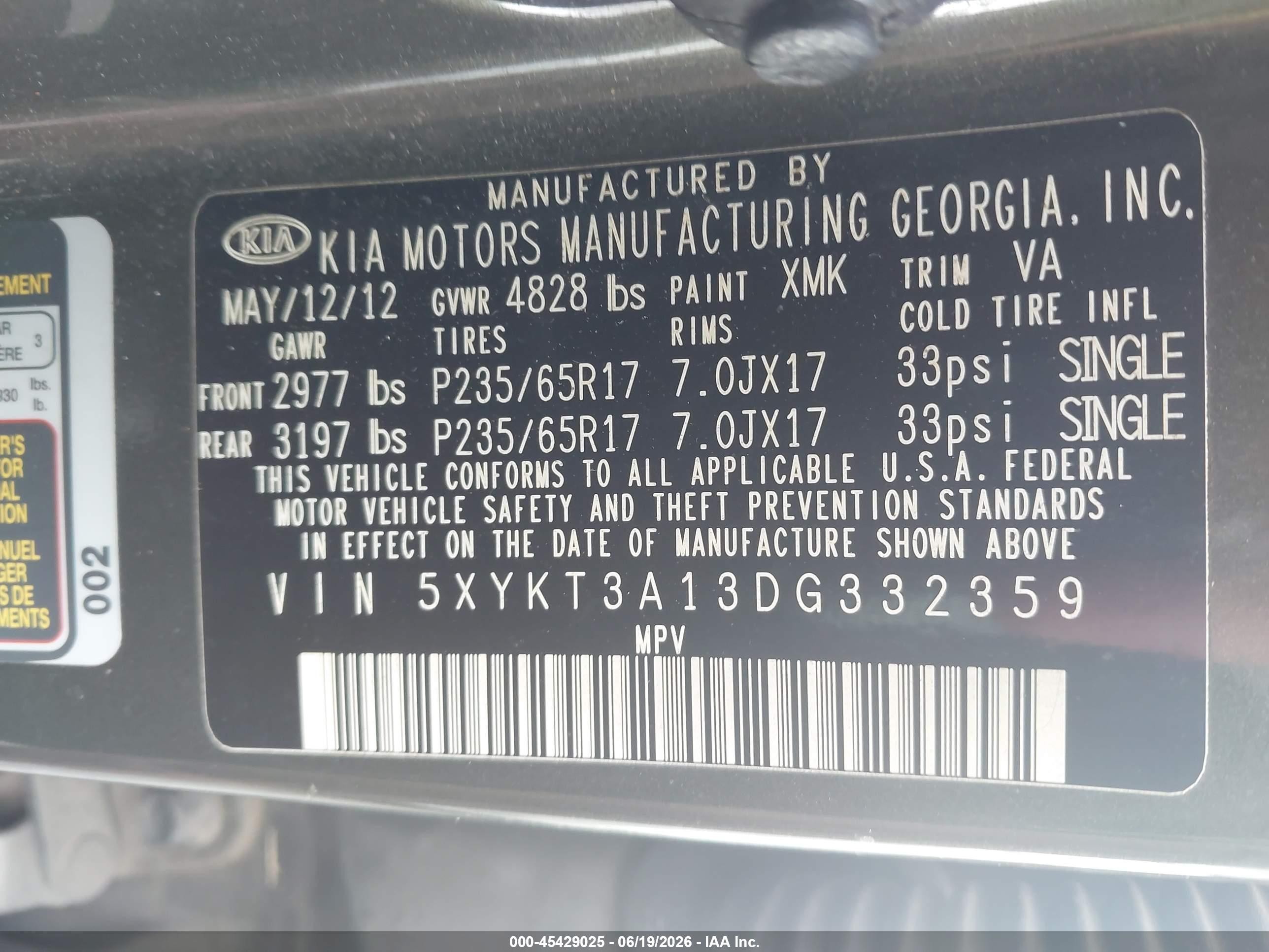2013 Kia Sorento Lx Green vin: 5XYKT3A13DG332359