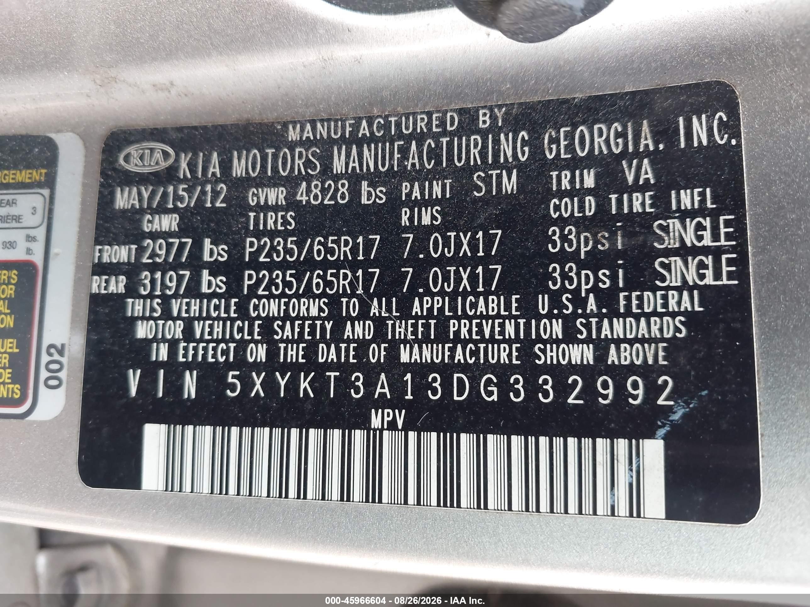2013 Kia Sorento Lx Silver vin: 5XYKT3A13DG332992