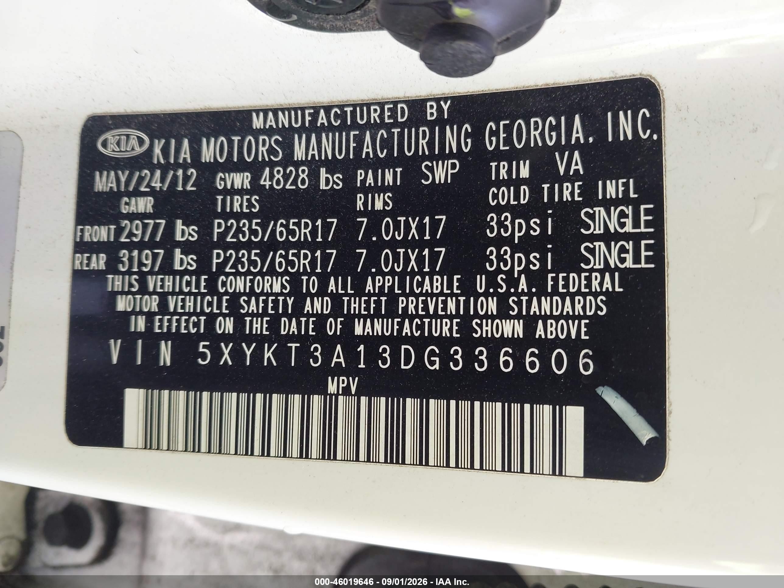 2013 Kia Sorento Lx White vin: 5XYKT3A13DG336606