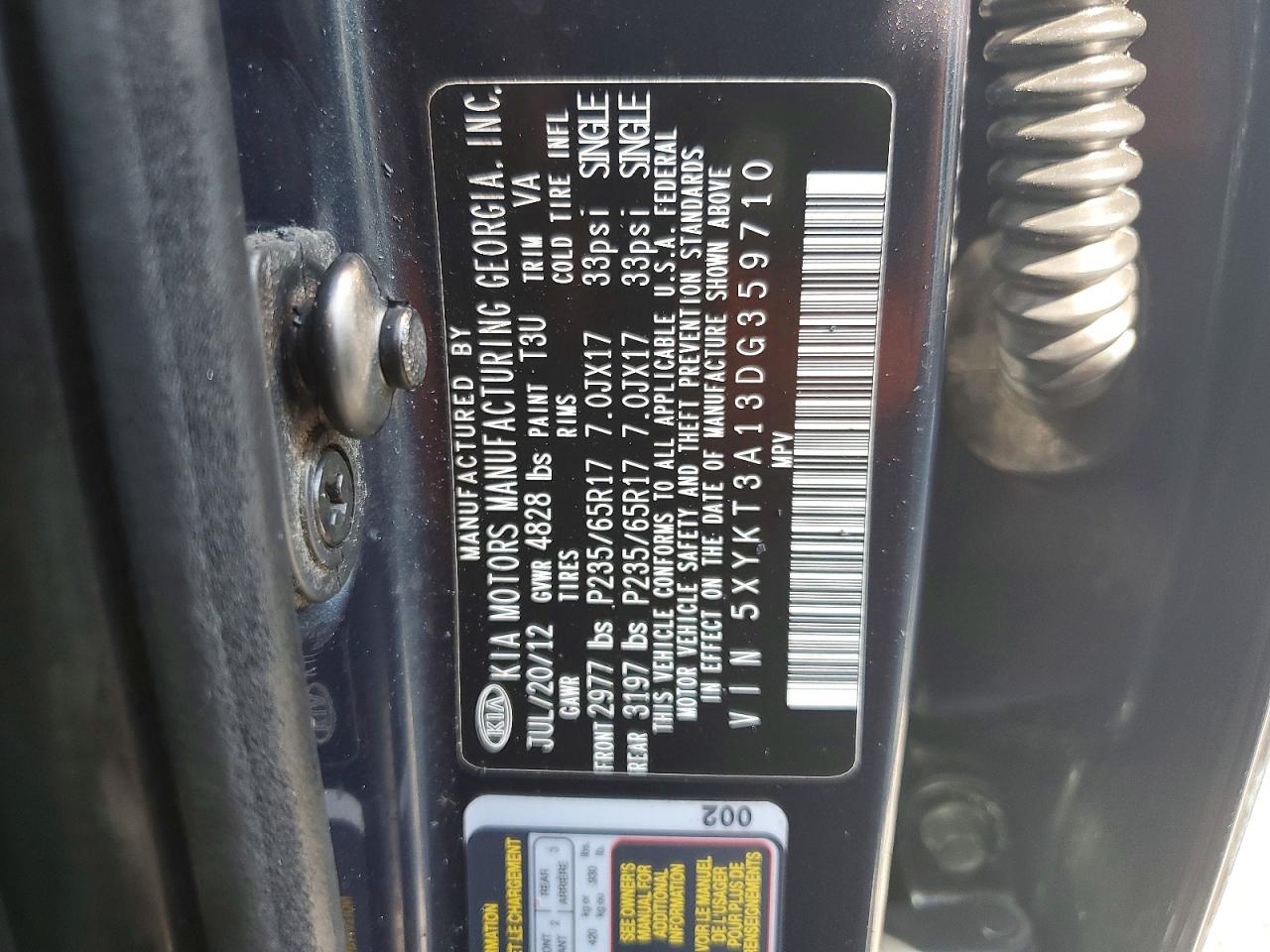2013 Kia Sorento Lx Blue vin: 5XYKT3A13DG359710