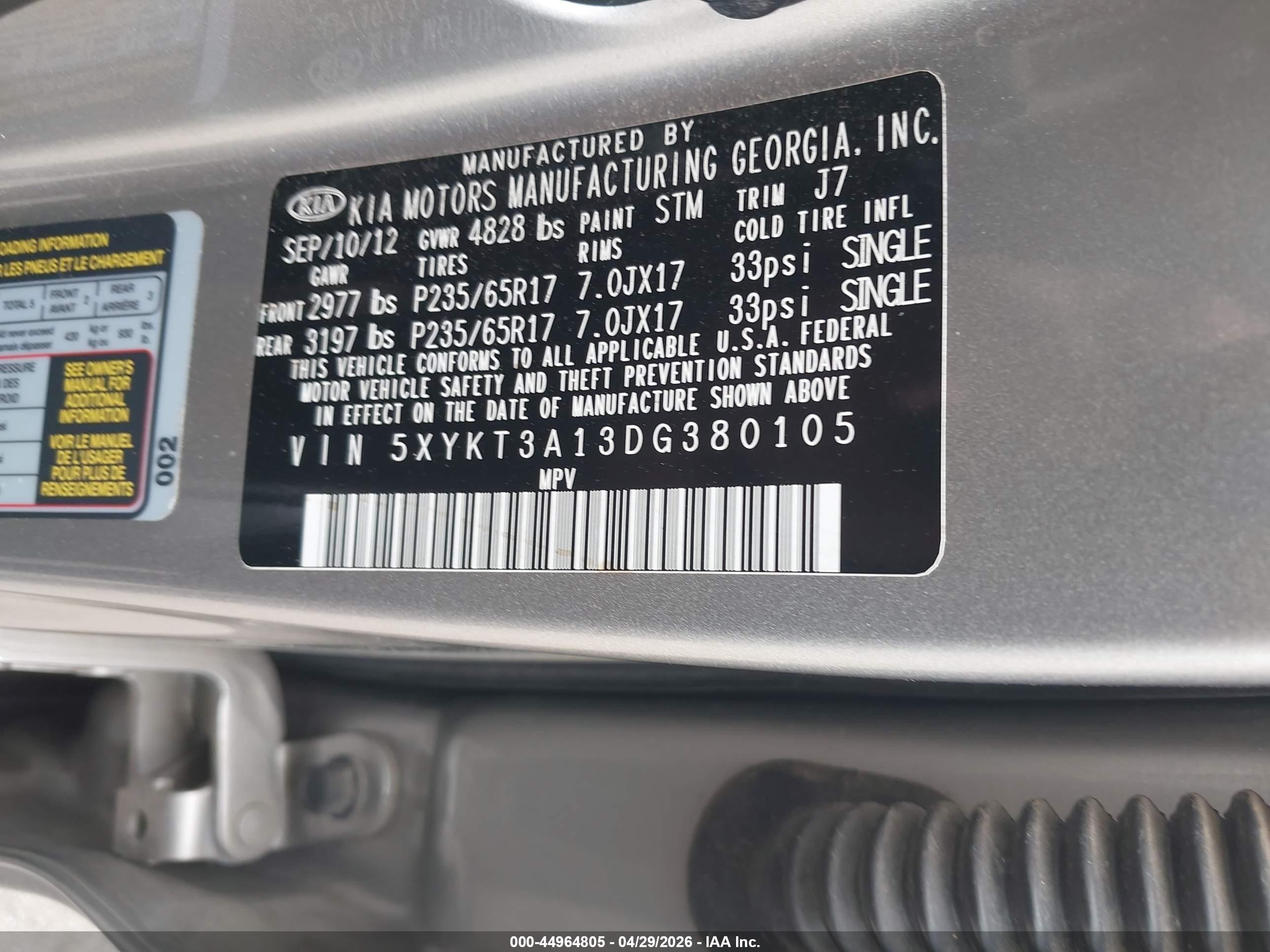 2013 Kia Sorento Lx Champagne vin: 5XYKT3A13DG380105