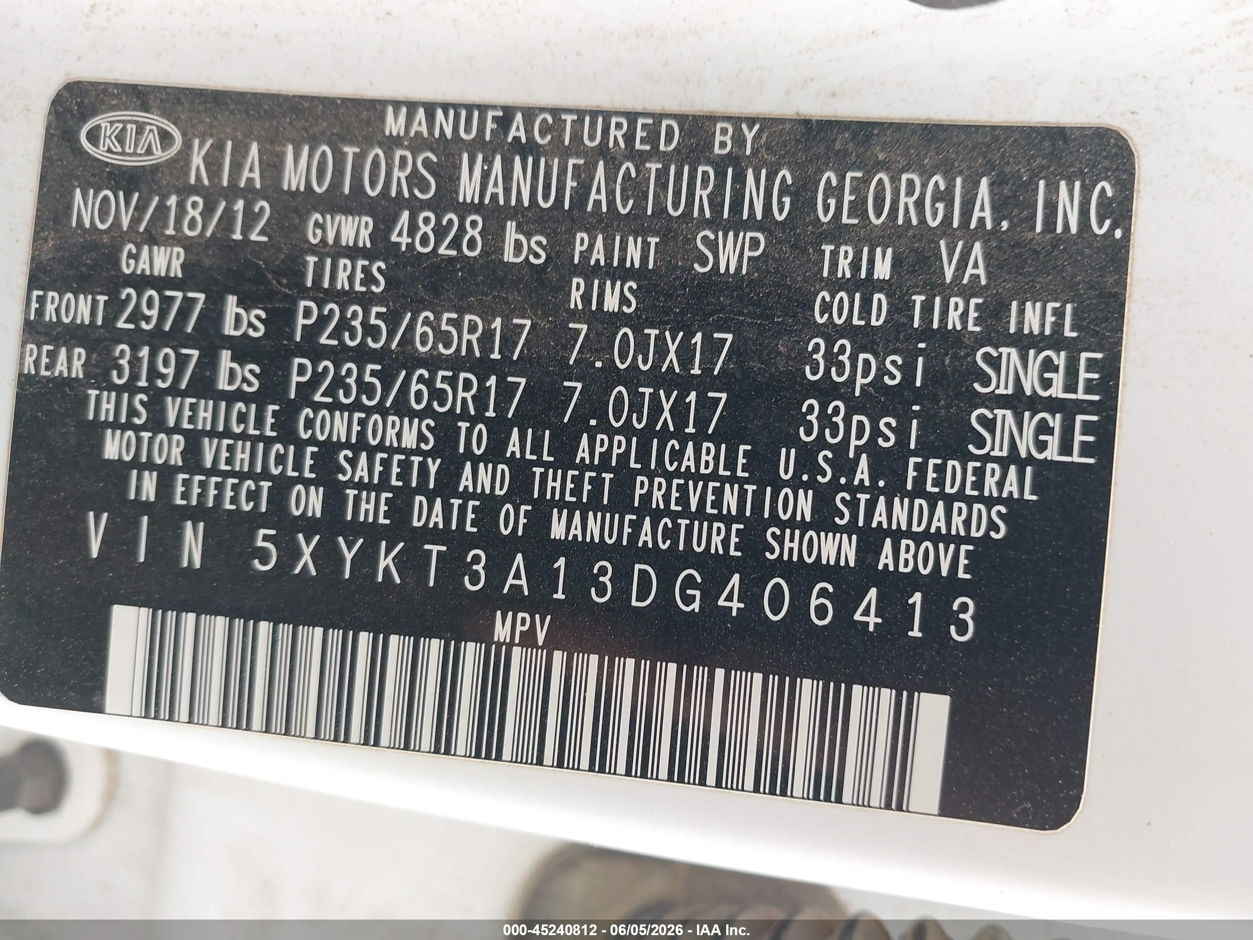 2013 Kia Sorento Lx White vin: 5XYKT3A13DG406413