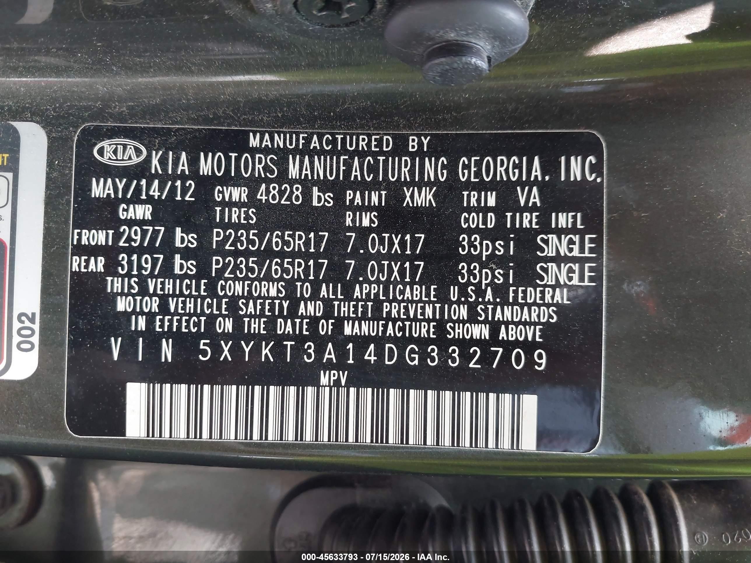 2013 Kia Sorento Lx Green vin: 5XYKT3A14DG332709