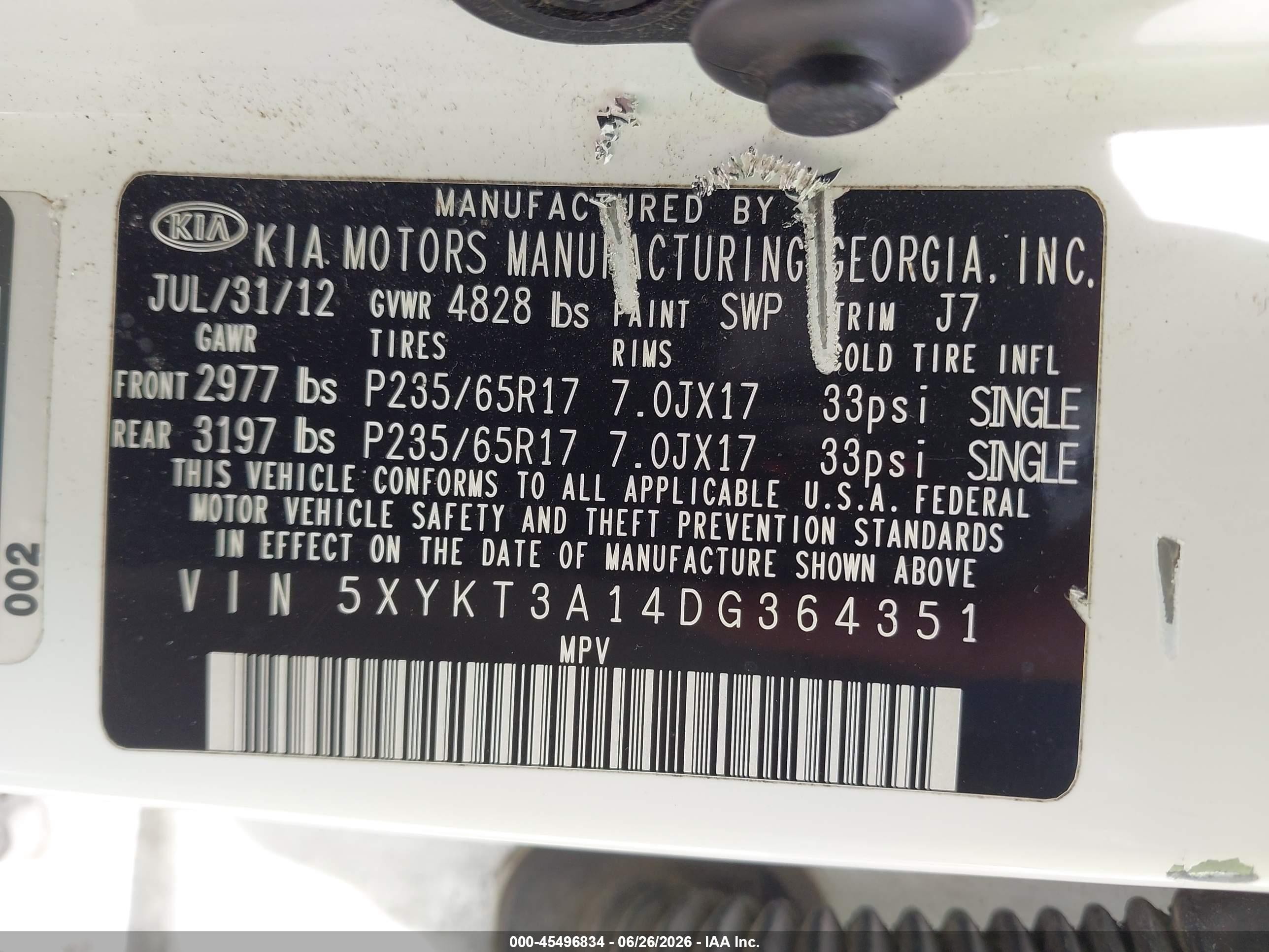 2013 Kia Sorento Lx White vin: 5XYKT3A14DG364351