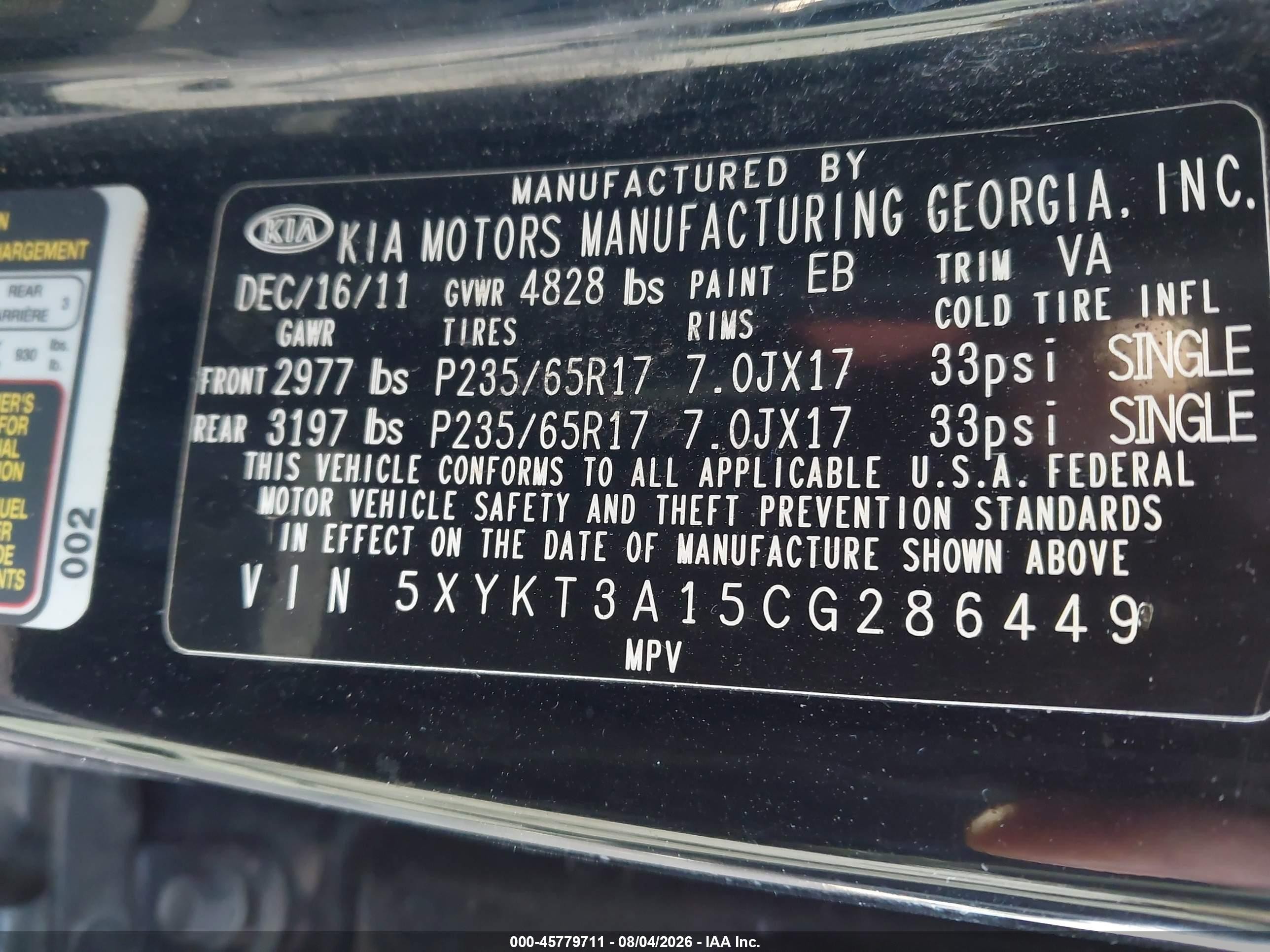 2012 Kia Sorento Lx Черный vin: 5XYKT3A15CG286449