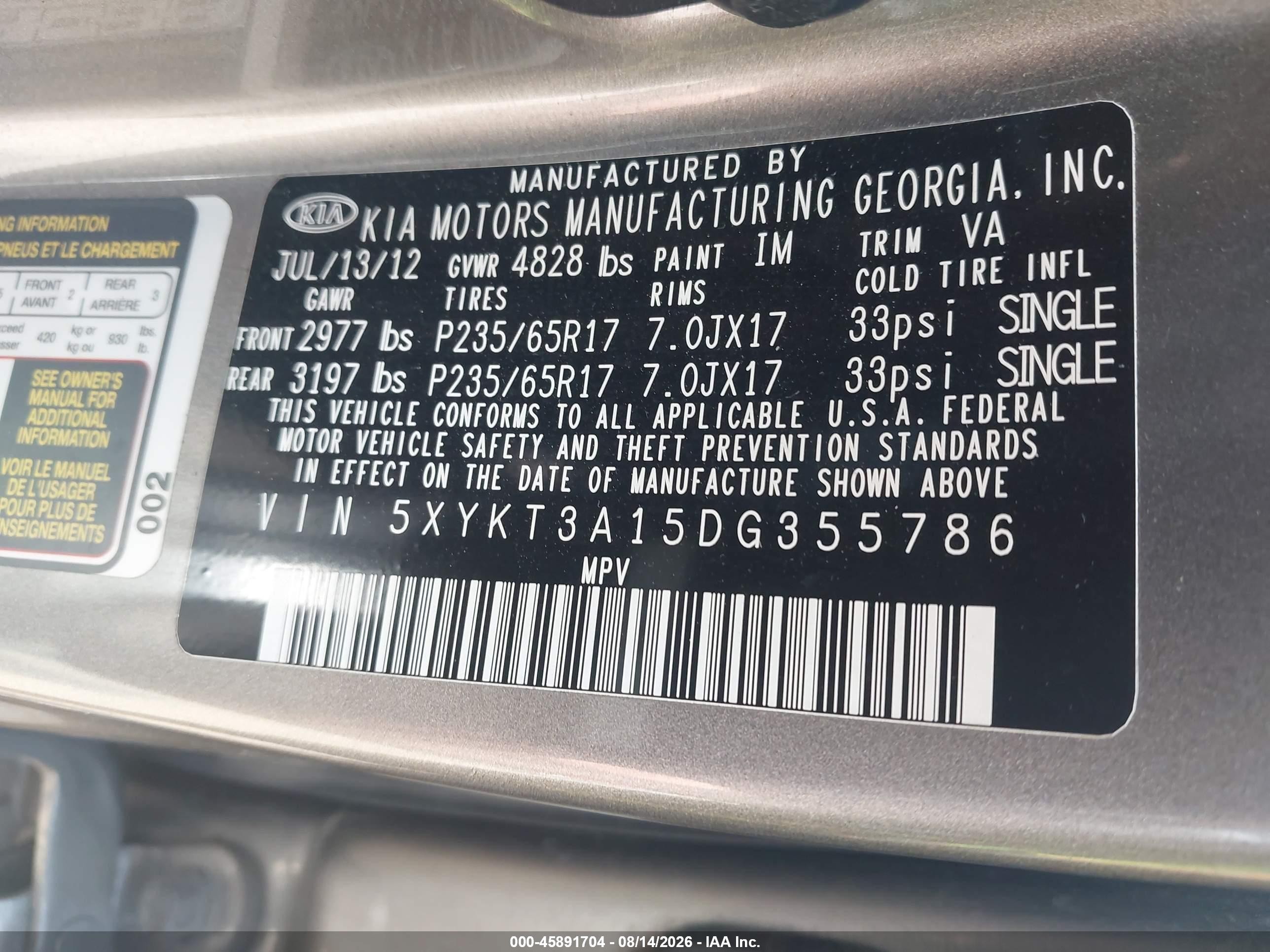 2013 Kia Sorento Lx Gray vin: 5XYKT3A15DG355786