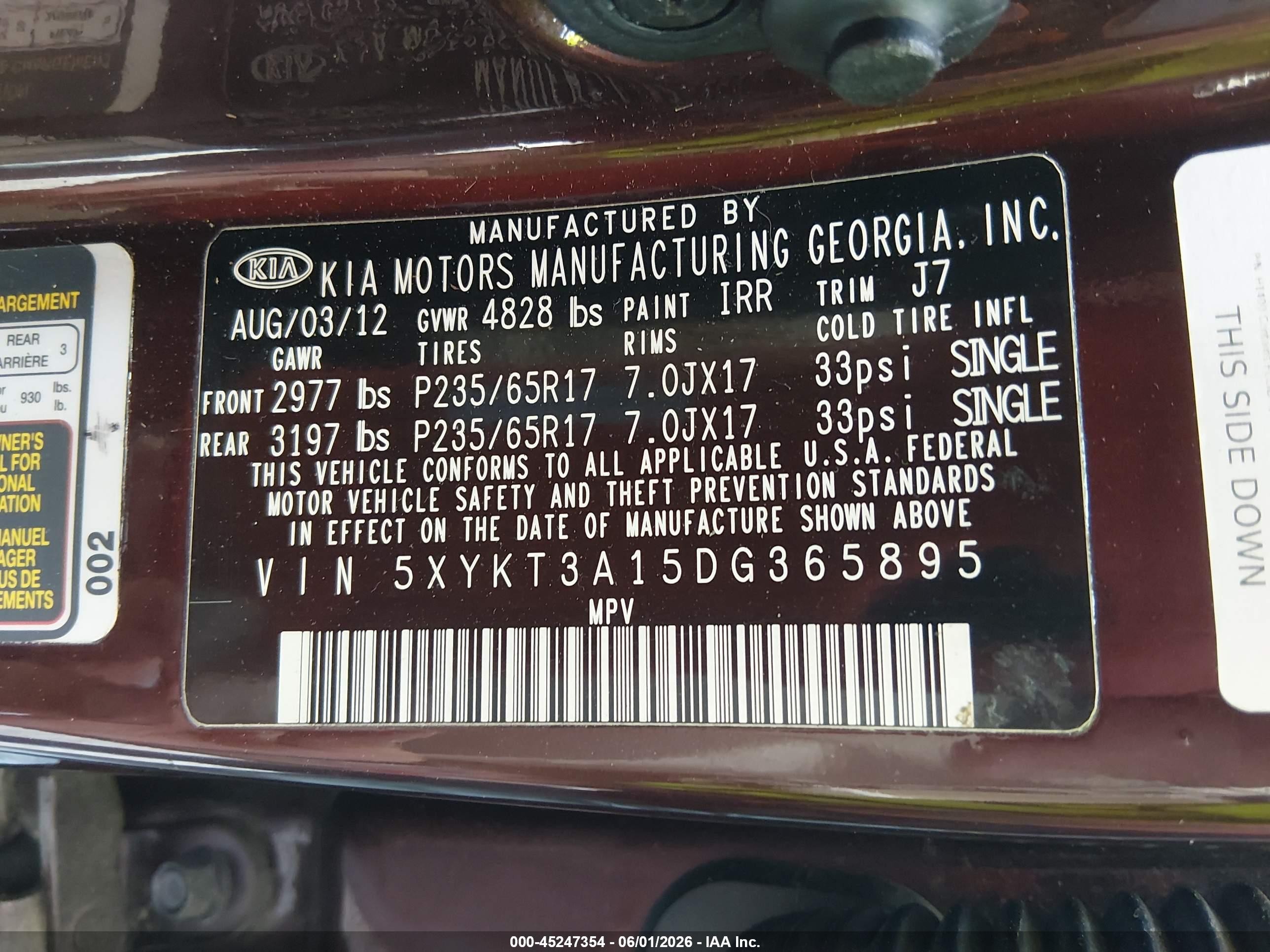 2013 Kia Sorento Lx Maroon vin: 5XYKT3A15DG365895