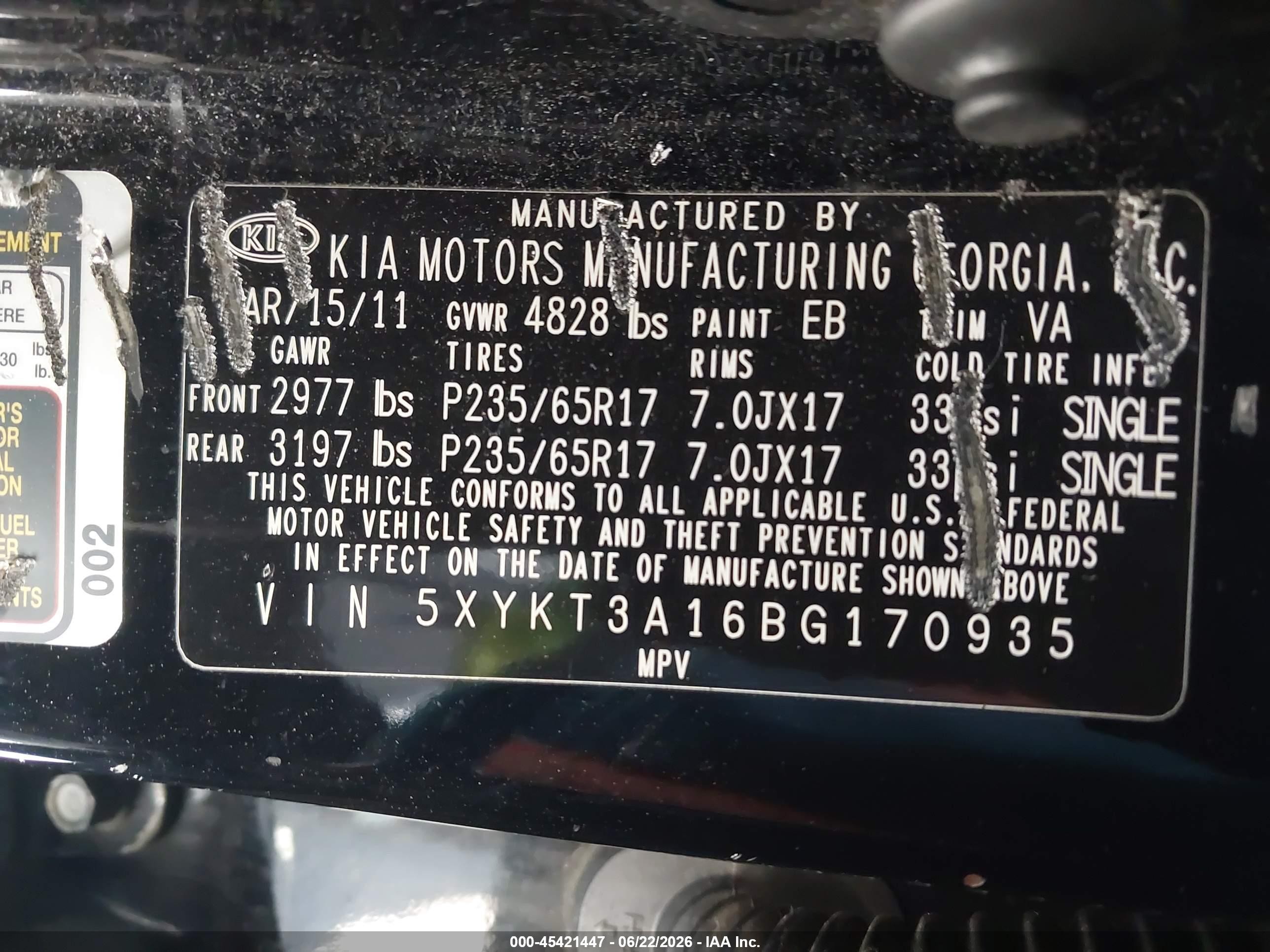 2011 Kia Sorento Lx Черный vin: 5XYKT3A16BG170935