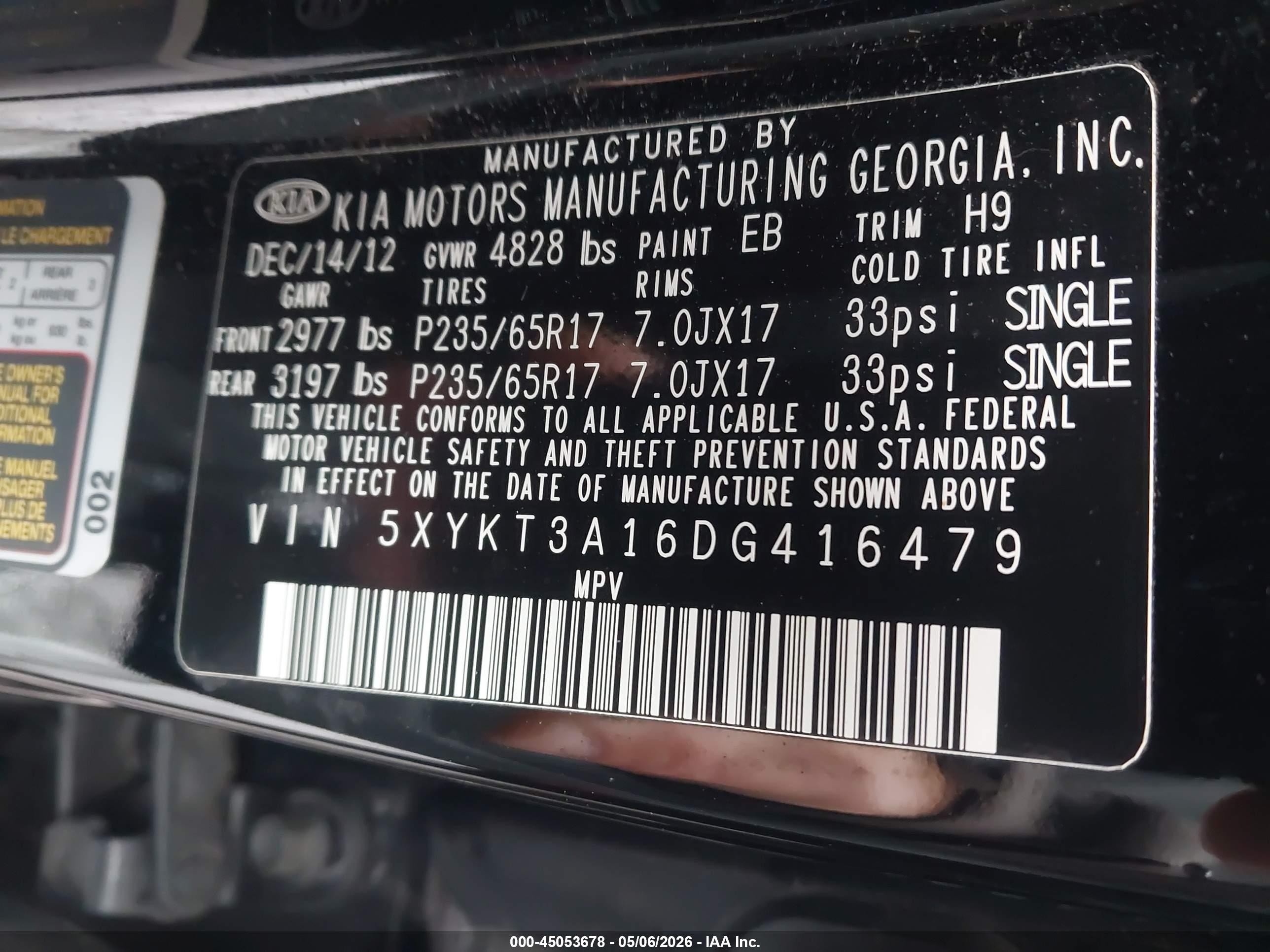 2013 Kia Sorento Lx Черный vin: 5XYKT3A16DG416479