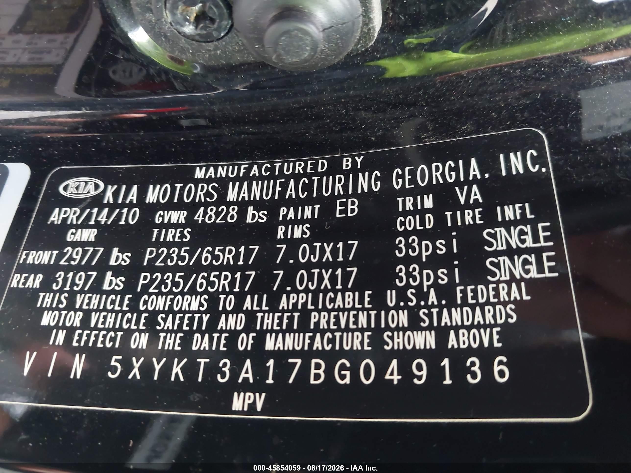 2011 Kia Sorento Lx Black vin: 5XYKT3A17BG049136