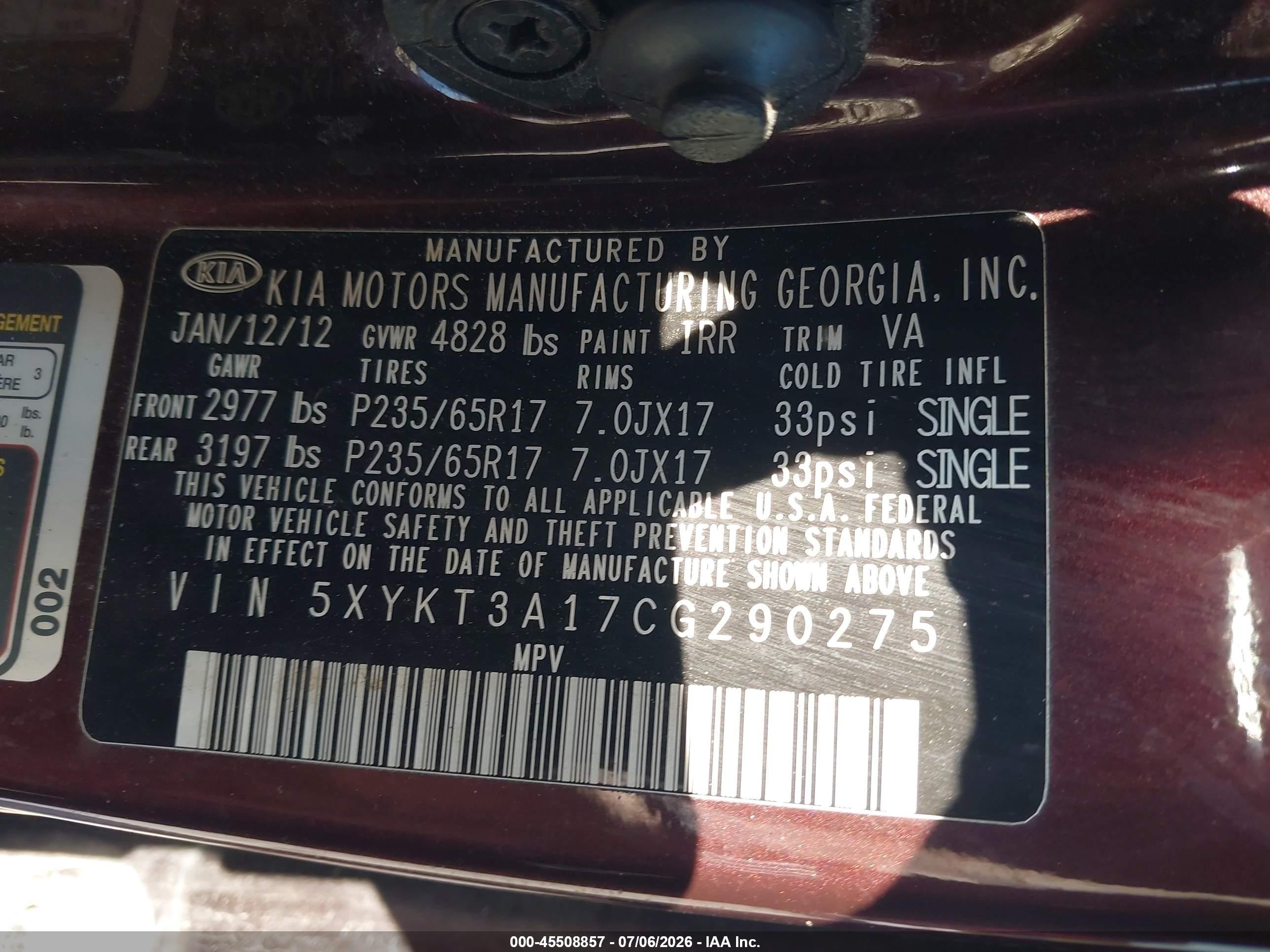 2012 Kia Sorento Lx Purple vin: 5XYKT3A17CG290275